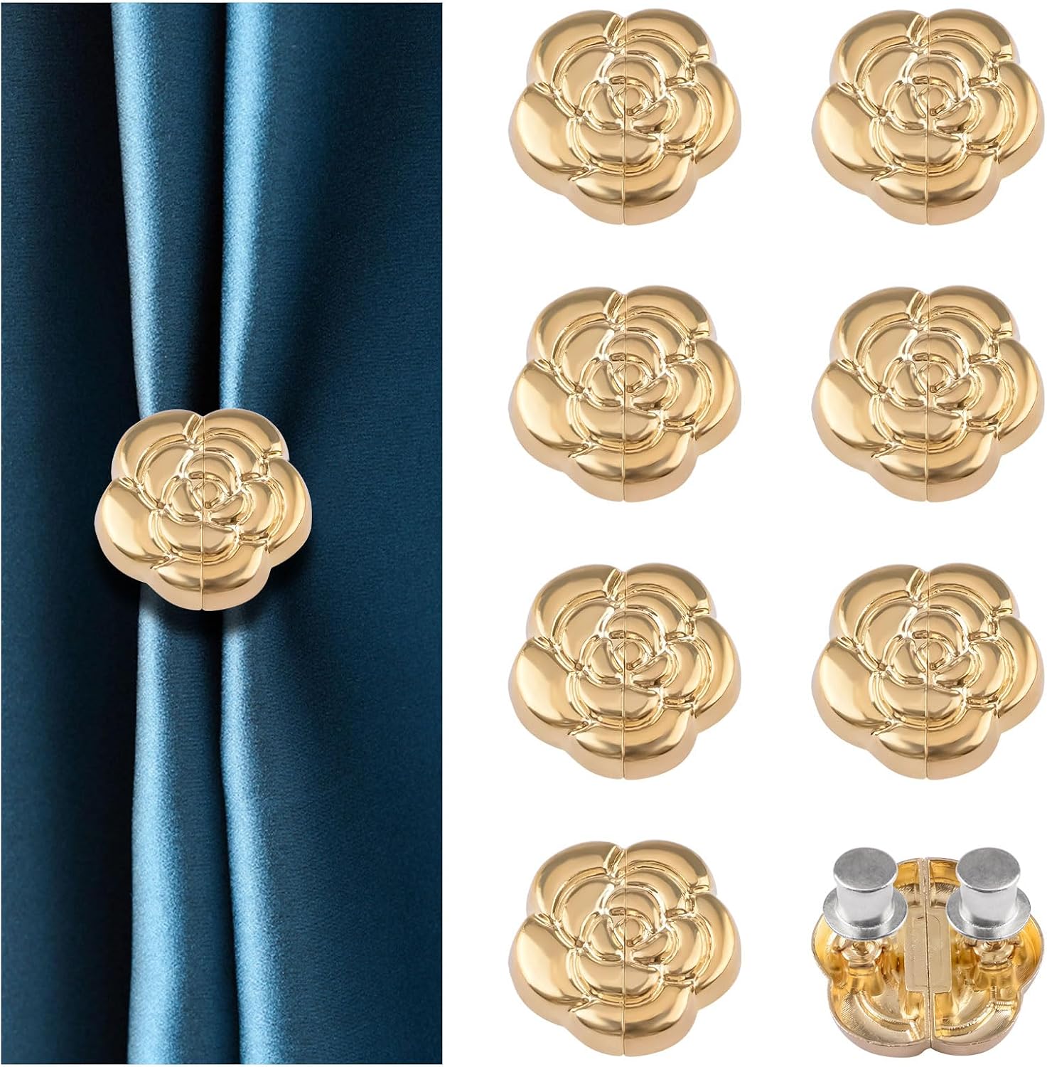 8 Pairs Camellia Magnetic Curtain Closure Decorative Detachable Drape Buckle for Indoor Outdoor Use Keep Curtains Closed Prevent Light Leakage (Camellia)