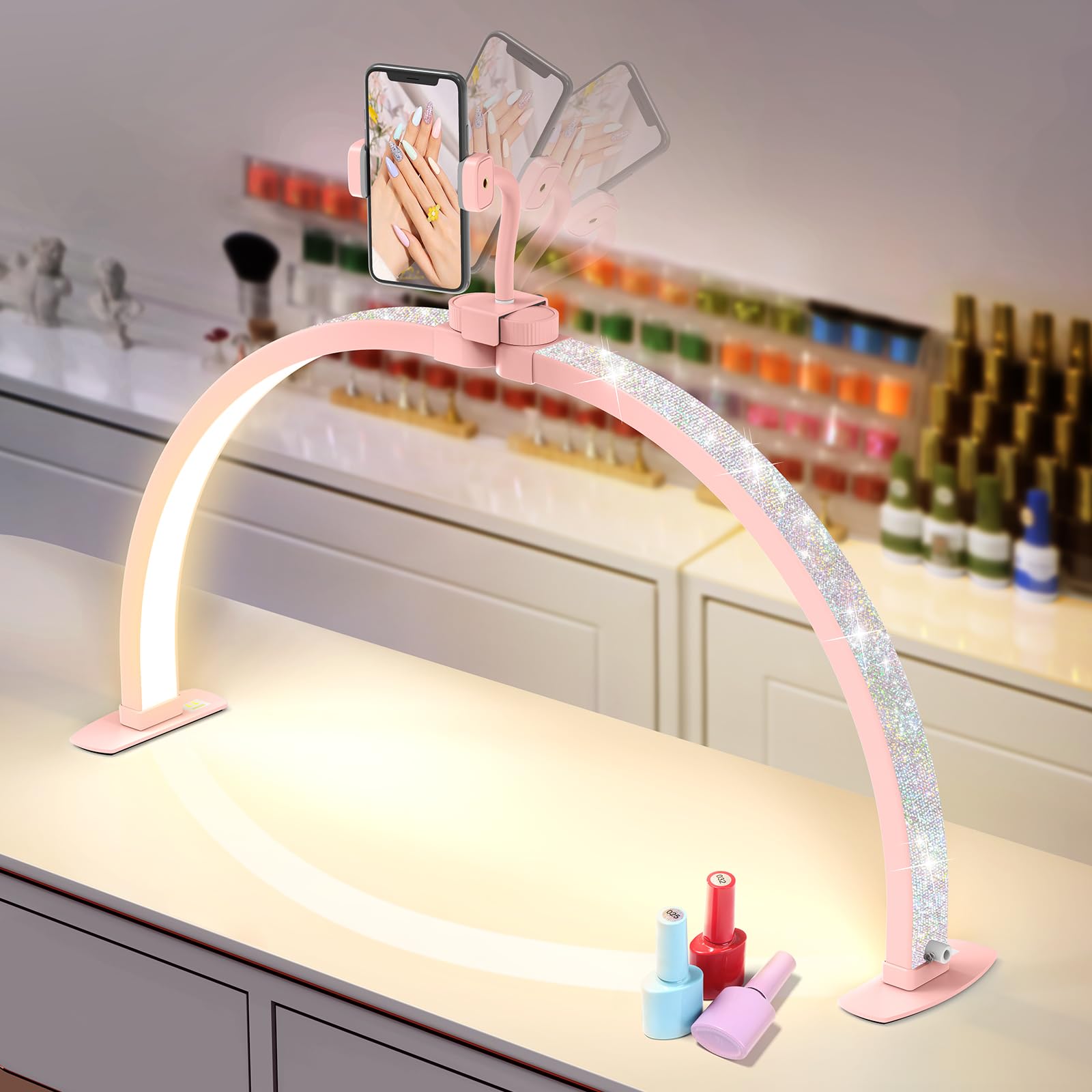 Half Moon Light for Nail Desk: 29" Arch Half Moon Nail Lamp with Phone Holder for Beginner - 3 Color Modes & 10 Brightness Adjustable - Foldable Nail Desk Lamp for Salon (Pink with Diamond, Large)