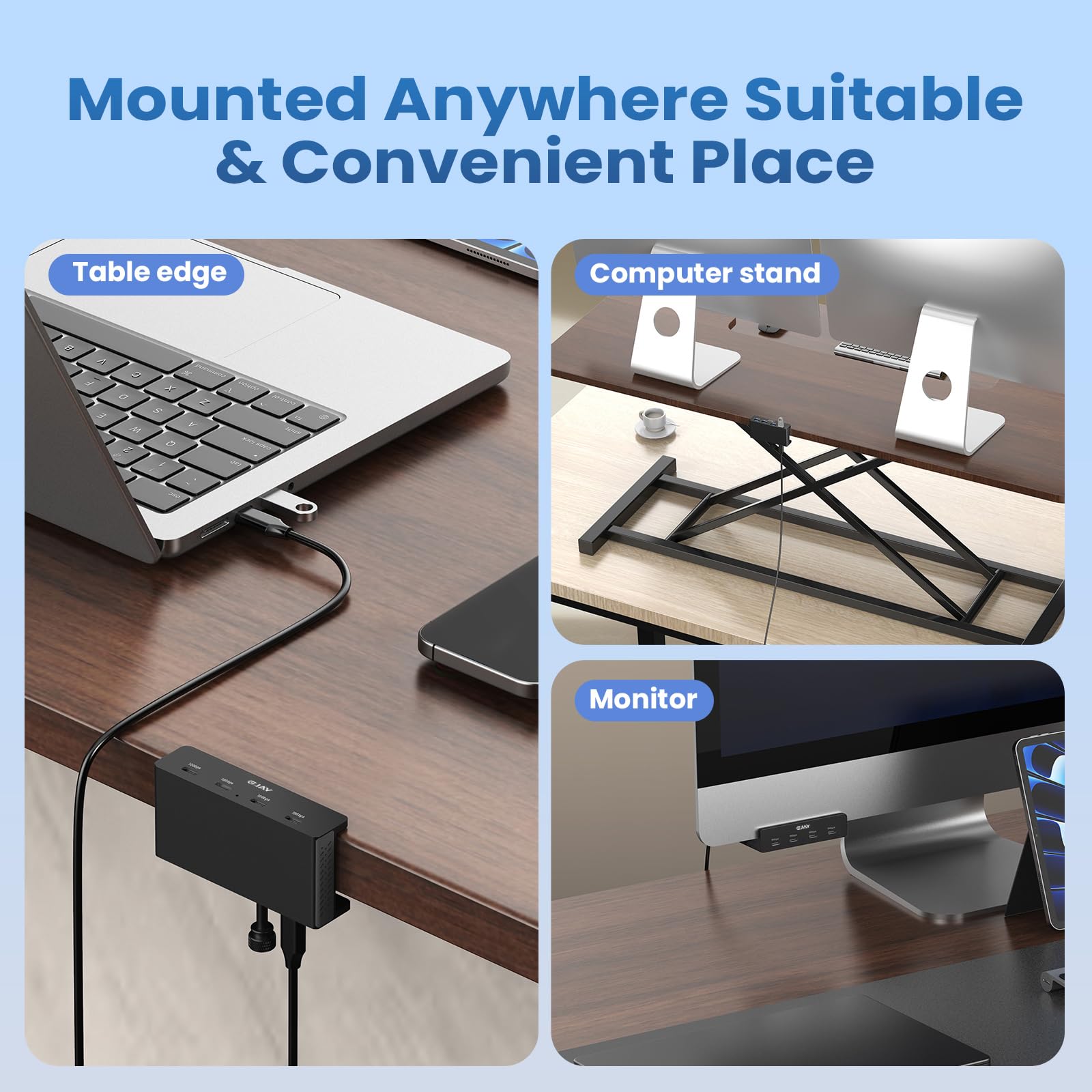 EJAY Hub USB C da 10 Gbps, 4 porte in alluminio USB 3.2, design a morsetto per scrivania/computer con porta di alimentazione extra e cavo dati lungo 119,4 cm e cavo di alimentazione da 99 cm