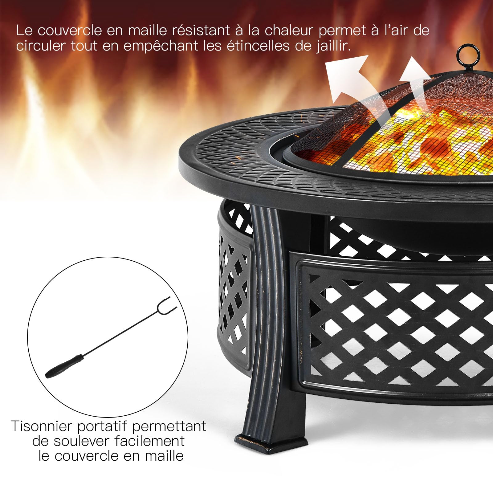 GOPLUS 3-en-1 Braséro Extérieur Jardin Rond, Foyer avec Grille de Barbecue, Pare-étincelles, Grille à Bûches, Poker, Housse Anti-Pluie, pour Extérieur Jardin, Patio, Camping, Pique-Nique,81 x 50 cm