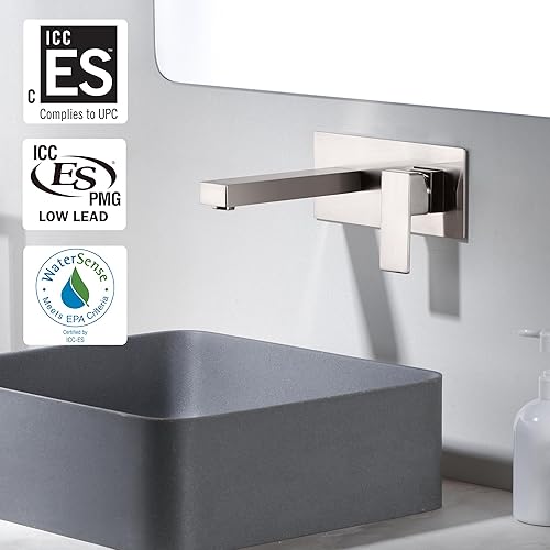 Vista 2 de SUMERAIN Grifo de lavabo de baño de montaje en pared, grifo de lavabo de níquel cepillado, manija única con válvula áspera cepillado níquel