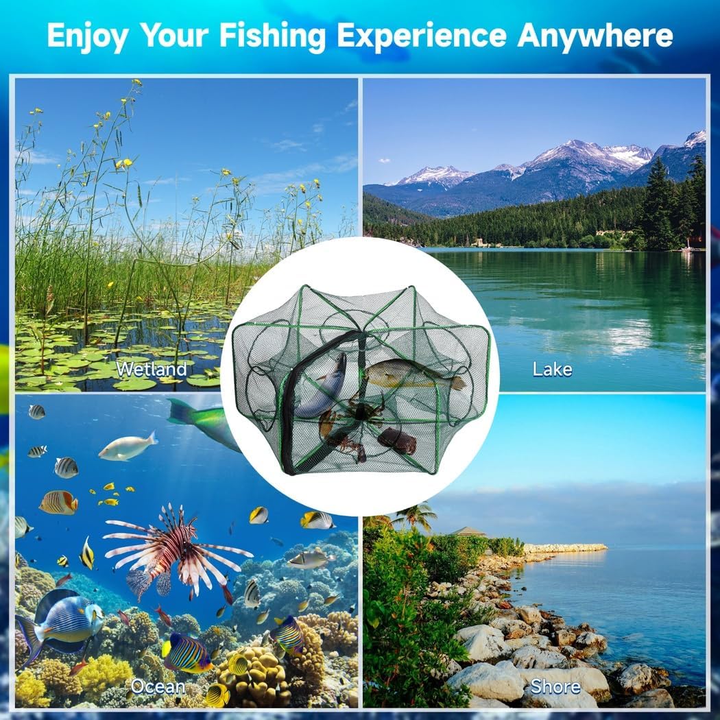 Lobster Shrimp Net Traps, Fishing Bait Traps, Cylindrical Hexagon Crab Traps Crawfish Fishing Mesh Nets, 3 Pcs Fishing Net Traps, Folded Portable Fishing Accessories