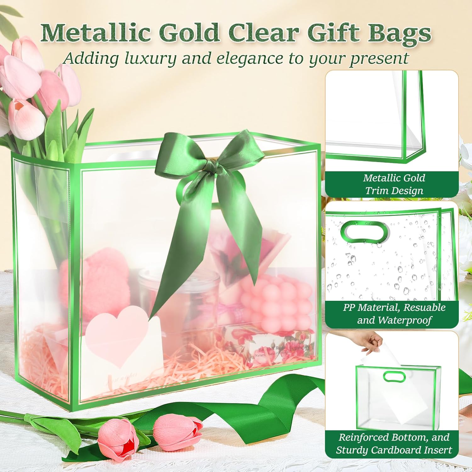 YumiTrek 15Pcs Clear Gift Bags with Handles, Large PVC Transparent Bags with Ribbon 12 x 10 x 5 in, Party Favor Bag Reusable for Wedding Bridal Shower Baby Shower Birthday (Metallic Green) - Image 3