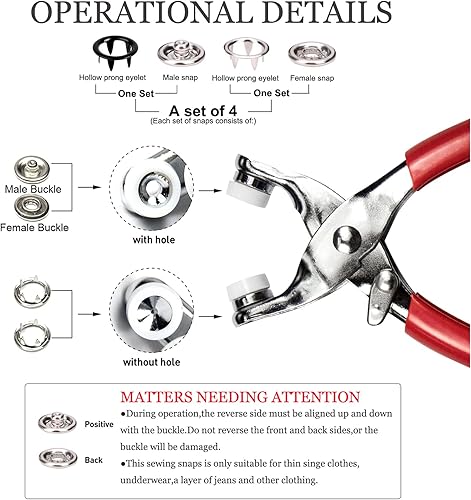 Miniatura 9 de CHEPULA Craftsmanship DIY 200 juegos de botones de presión de metal de 38 pulgadas con alicates de cierre, kit de herramientas de prensa para coser