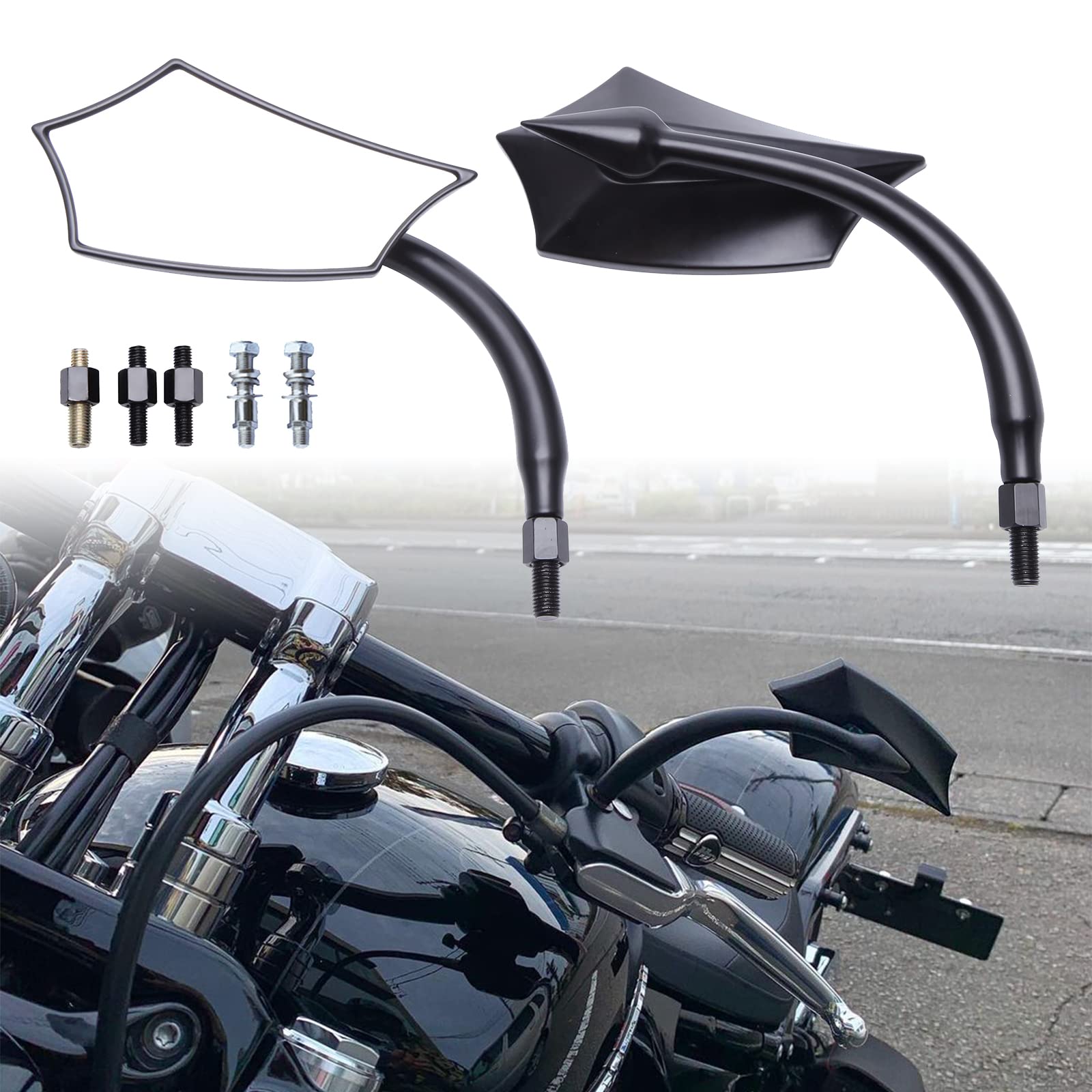 Specchietti Retrovisori Cromati per Moto da 10mm e 8mm Compatibile per Harley Honda Yamaha Kawasaki Suzuki Ducati Aprilia (Nero)