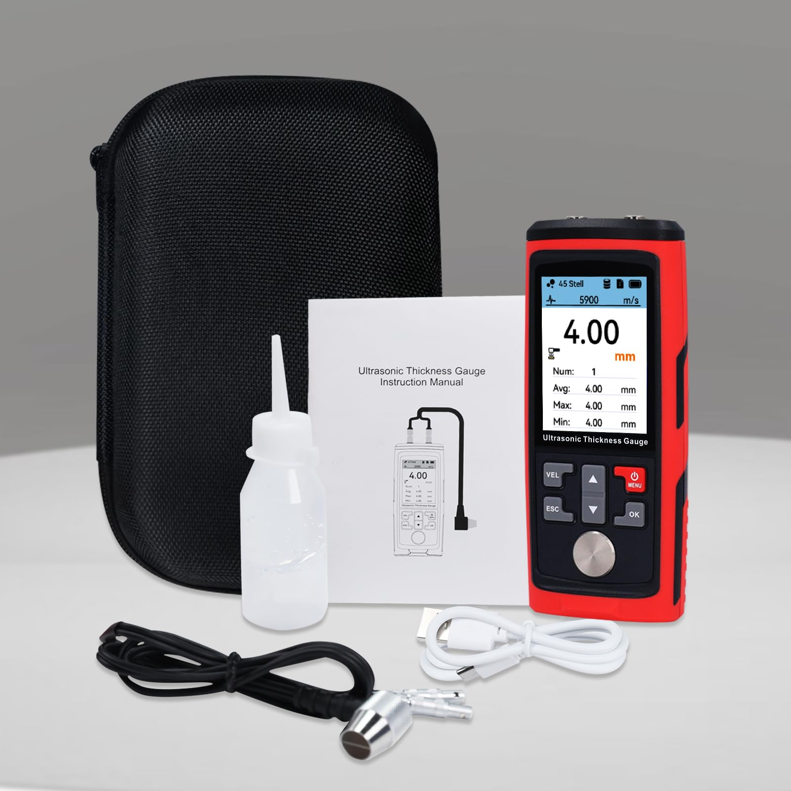 Medidor de espesor ultrasónico de 1.00-300.0 mm, rango de medición de alta precisión, retroiluminación LCD, 1500 datos, velocidades de sonido personalizables para medir metal, acero, cerámica,