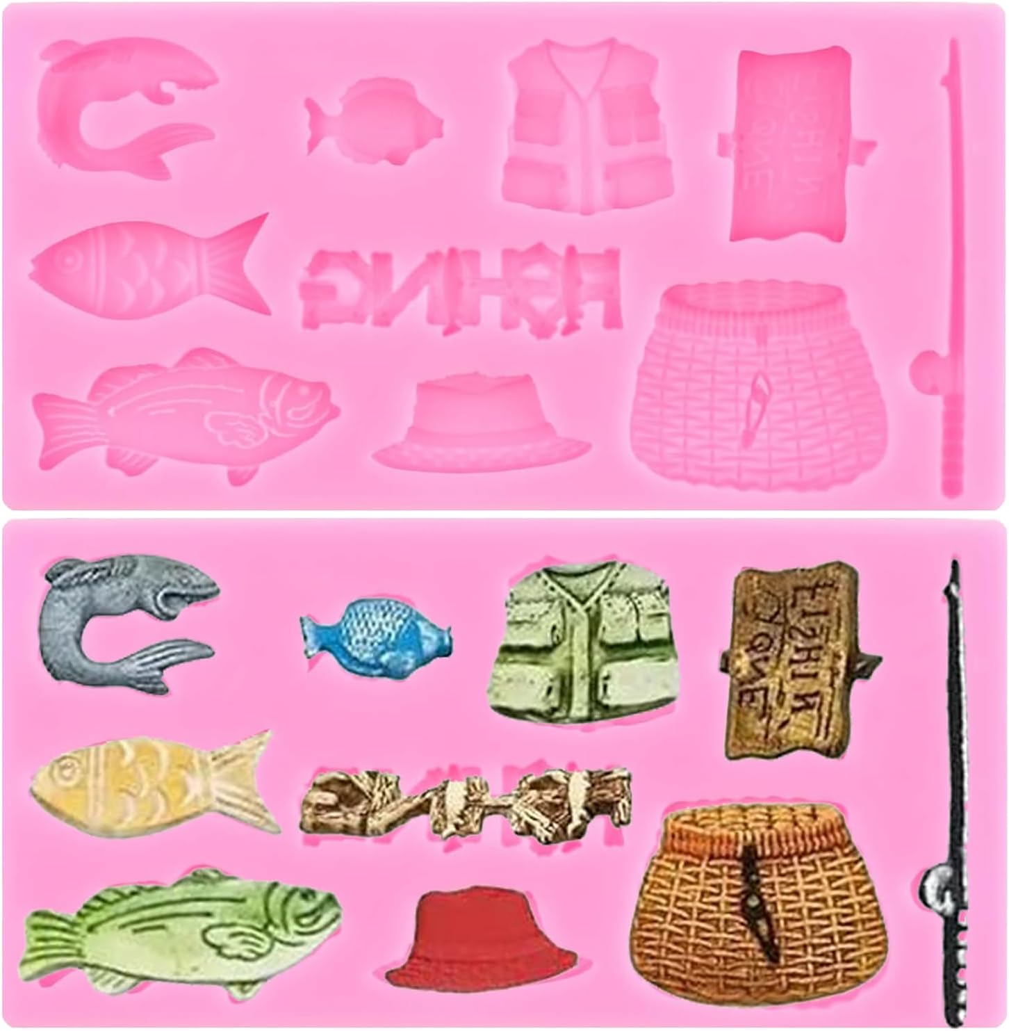 ZiXiang Fishing Tool Silicone Mold Fishing Set Fondant Baking Mold Fish Shrimp Fisherman Fish Box Clothes Chocolate Cake Decoration Mold For Cake Decorating Gum Paste Candy Polymer Clay Set Of 2
