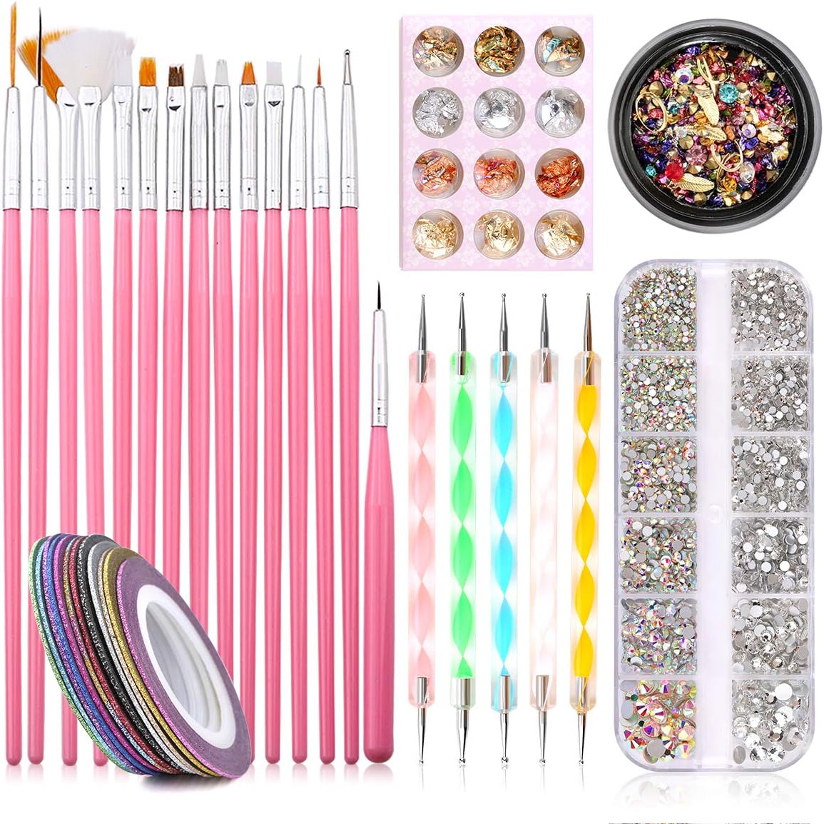 NibiruNail Art Supplies, Professional Nail Design Kit with 15pcs Nail Brushes, 5pcs Dotting Pen, Nail Glitters, Striping Tape, Mix Size Crystal Rhinestones& Assorted 3D Nail Diamonds Rhinestones