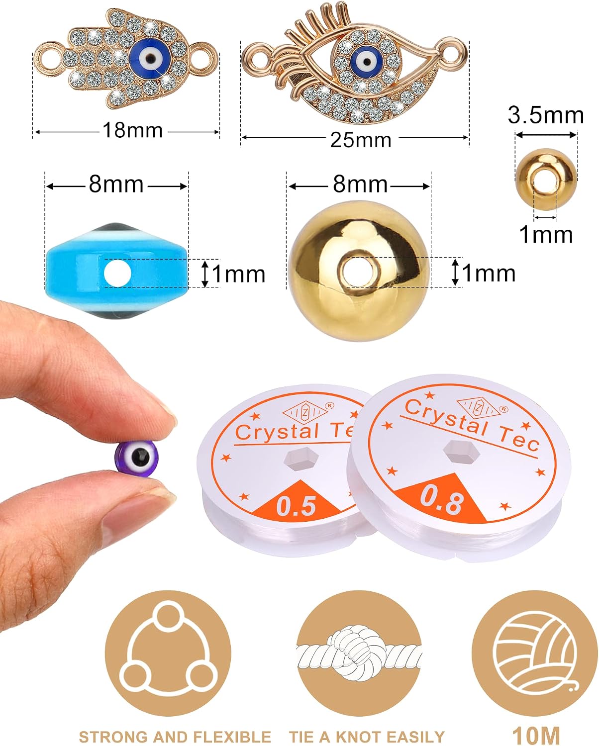 Evil Eye Beads for Jewelry Making, 8mm Flat Round Evil Eye Charms Colorful Evil Eye Bracelet Making Kit Easter Beads Decors for Crafts DIY Bracelet Earring Necklace Making