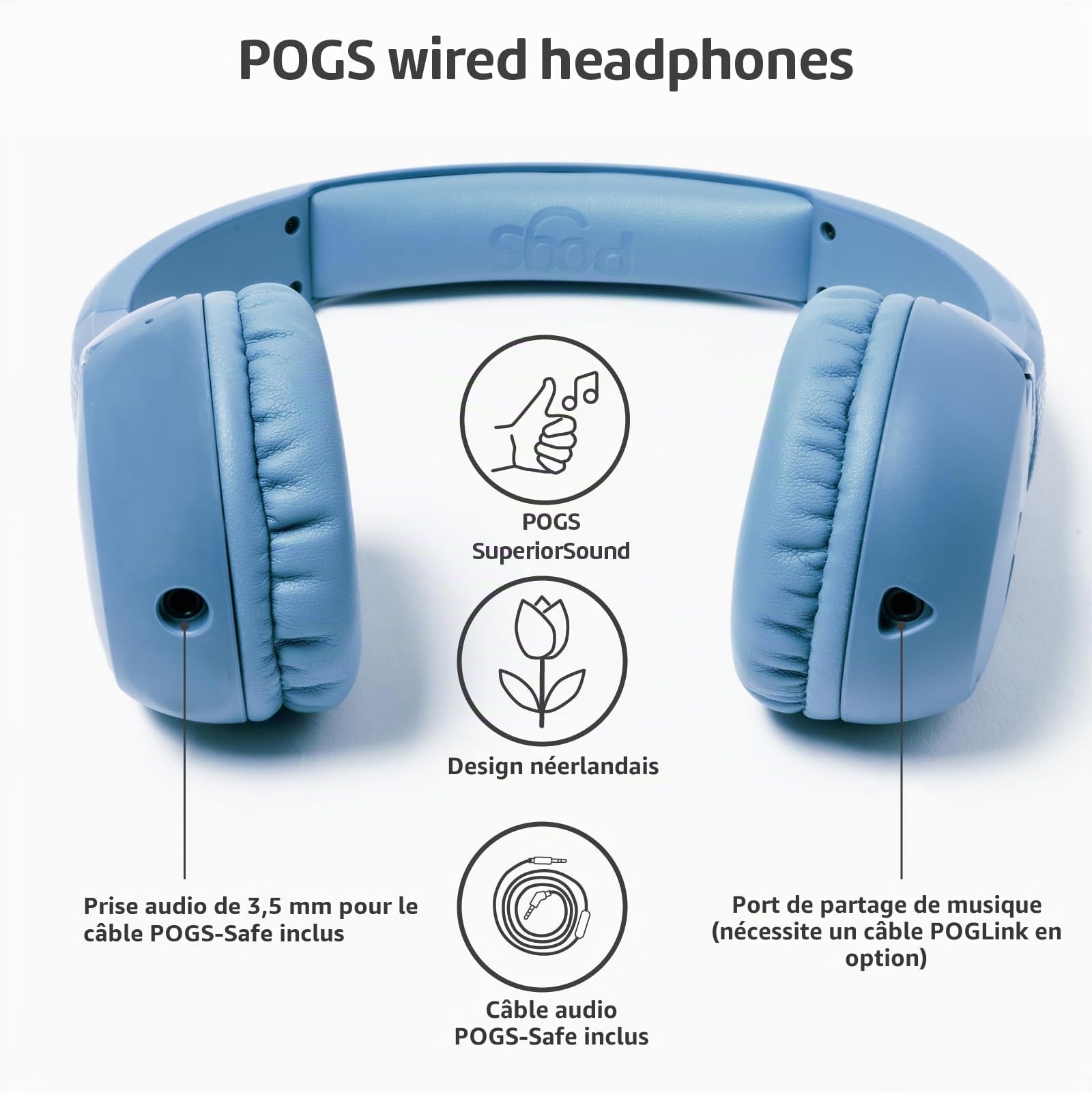 POGS Casque filaire pour enfants | The Elephant 2 | Casque réglable et durable pour enfants de 3 ans et plus | Limité à 85 dB, microphone | Casque sur-oreille | Fonction de partage de musique Câble