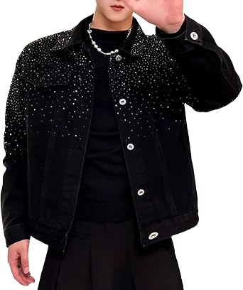 Mens Embellished Rhinestone Denim Jacket Slim Fit Distressed Jean Jackets for Men Streetwear Fashion Vintage Coat