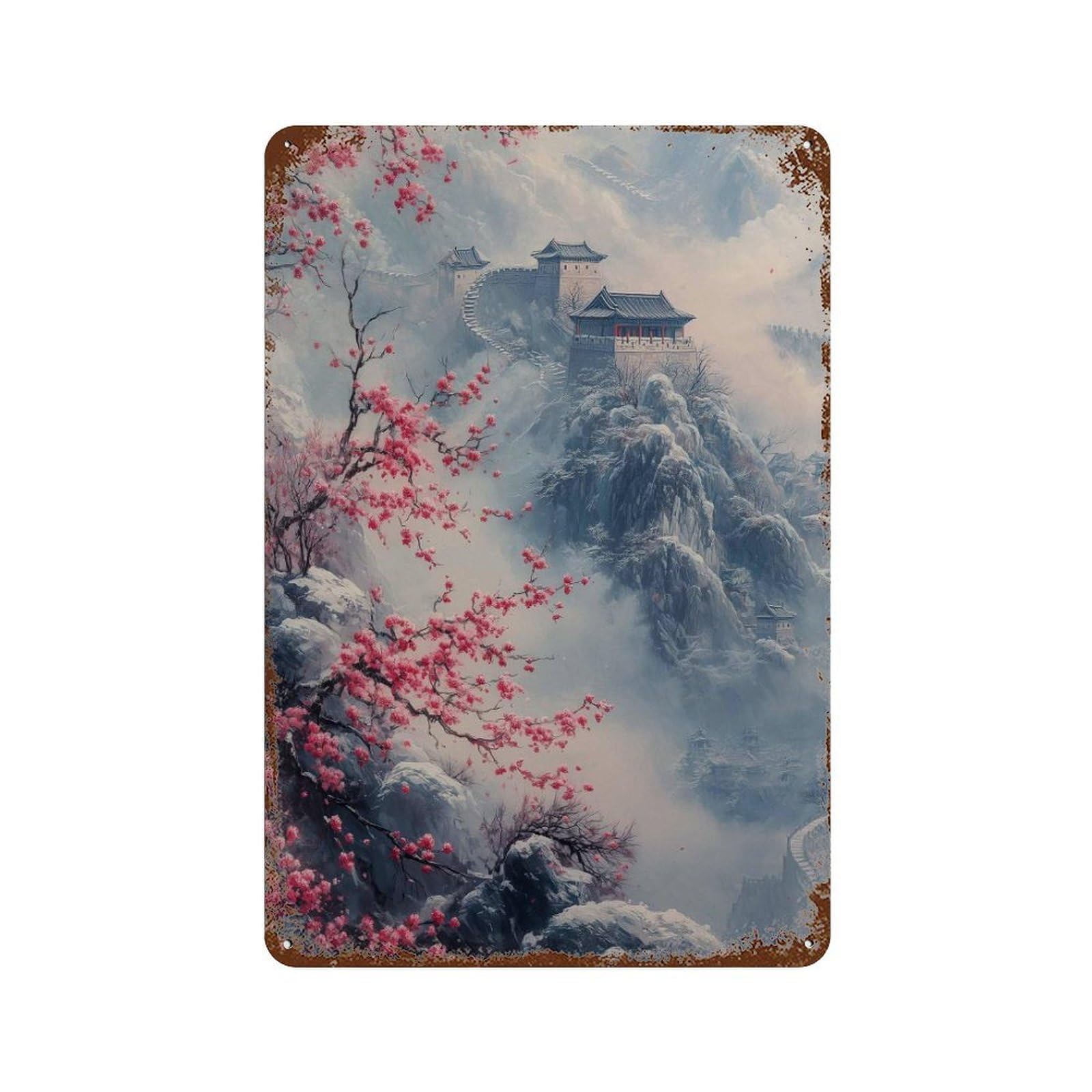 xiaoxiaoshen Chinese Great Landscape Pink Blossom Mountain Vertical Asian Living Room Bedroom Wall Decor Art Metal Tin Poster Modern Home Decor Art Home Bar Shop Decorations Vintage Sign 30x20cm