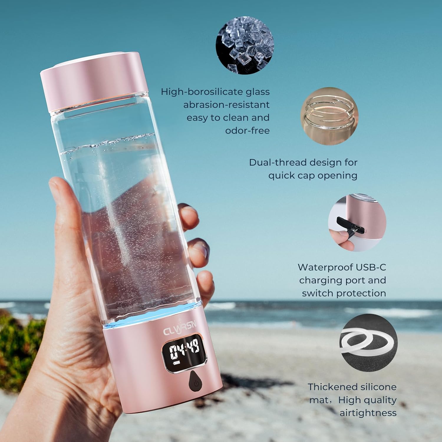 Hydrogen Water Bottle, Portable Glass Hydrogen Water Bottle Generator Machine — SPE/PEM Technology — Athletic Performance & Hydration System — for Gym, Sports, Travel & Outdoor, 11.5Oz (Pink)