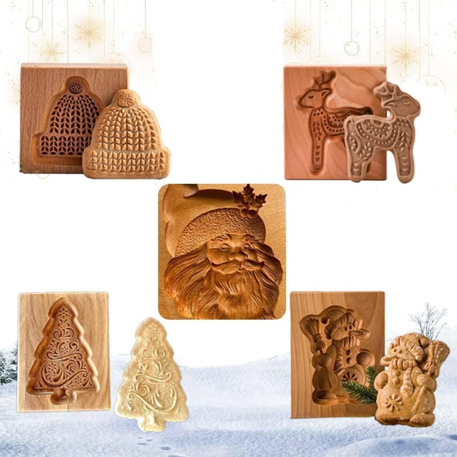 木製クッキー型 6個入り エンボス加工クッキーカッター クリスマスツリー鹿 雪だるま柄 エンボスクッキーを焼く 子供と大人向け クッ