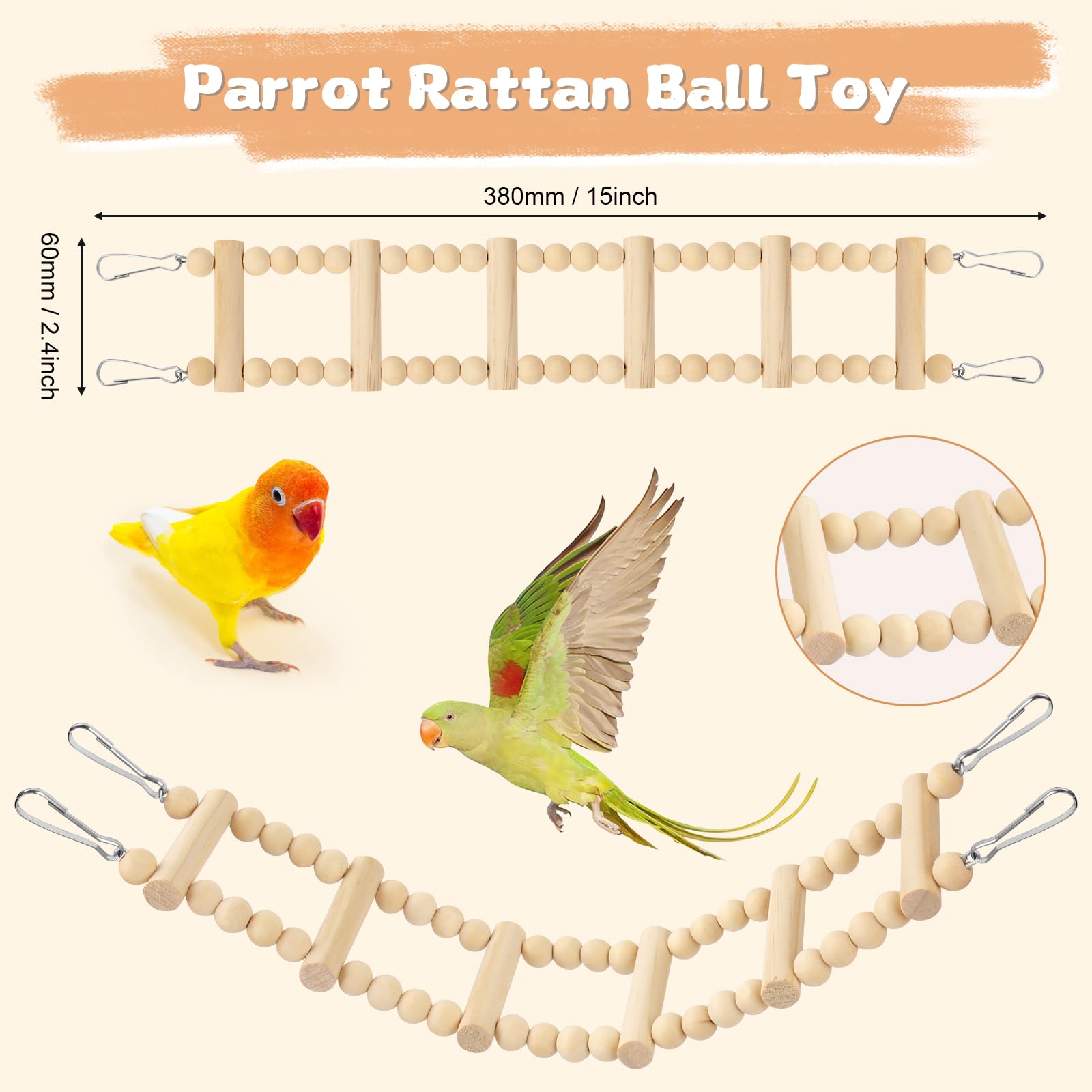 Pethee 8 Pack Parakeet Toys Set: Bird Cage Accessories with Parrot Swing, Chew Toys, Wooden Swing, Hanging Bell - Image 4