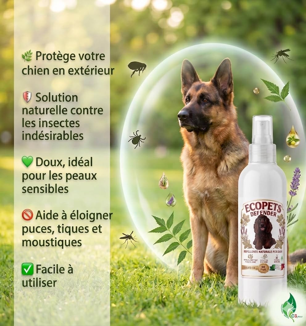 Ecopets Defender Pesticide Naturel pour Chiens à l'Huile de Neem - Protection contre les Puces, Tiques, Moustiques et Mouches - Doux pour une Utilisation Quotidienne avec des Huiles Essentielles et