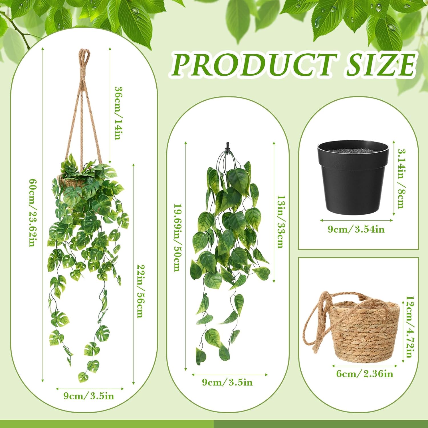 6 Set Mini Fake Hanging Plants with Woven Basket Boho Artificial Ivy Faux Vines Eucalyptus Leaf for Indoor Home Wall Living Room Bathroom Shelf Decor (Round Radish Leaf)