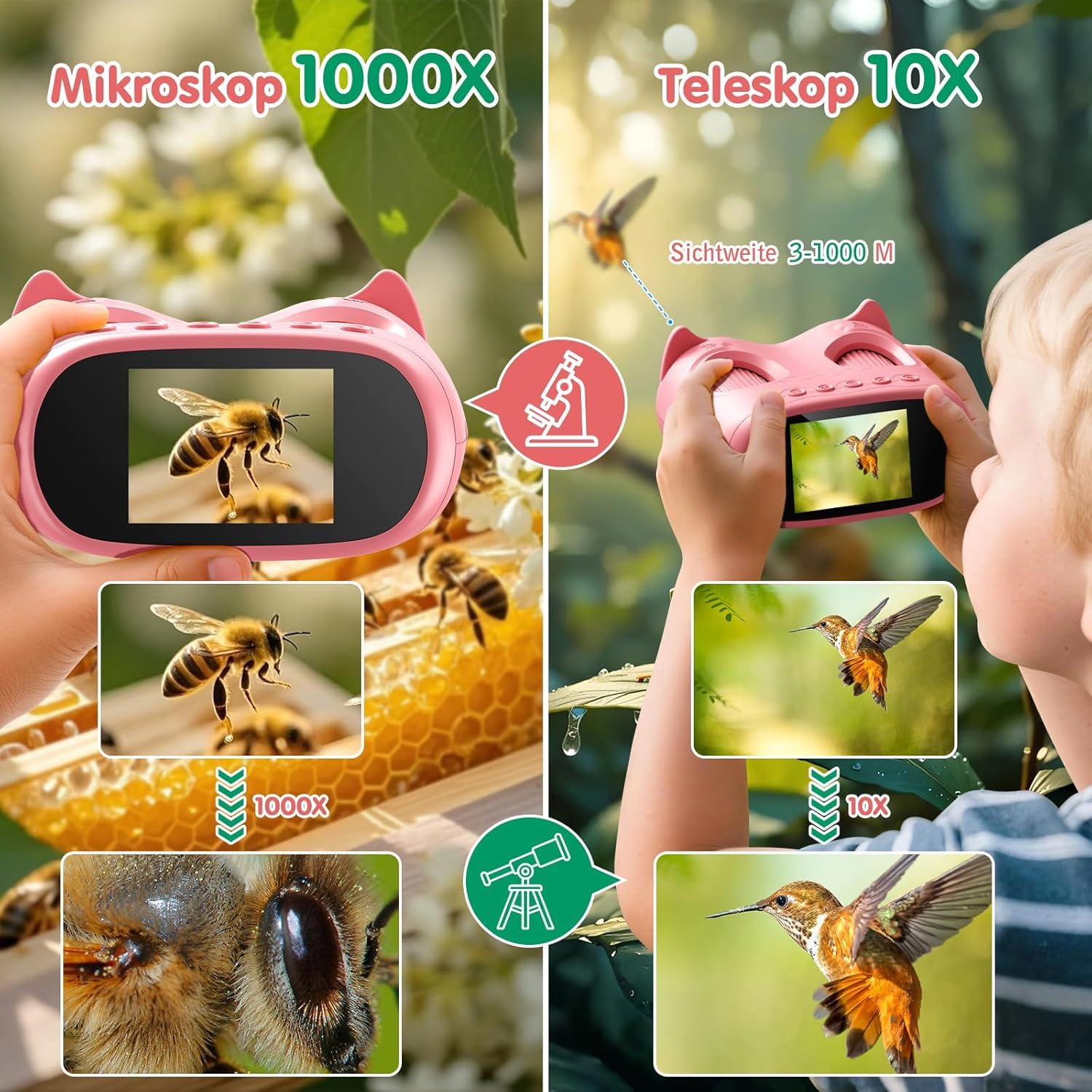 2-in-1 Digitales Mikroskop für Kinder und Teleskop, Tragbares Taschenmikroskop mit 32GB Speicherkarte, 1000X Handy Kindermikroskop mit 2.0" IPS Bildschirm & 8 LED Licht, Geschenk ab 3 Jahren