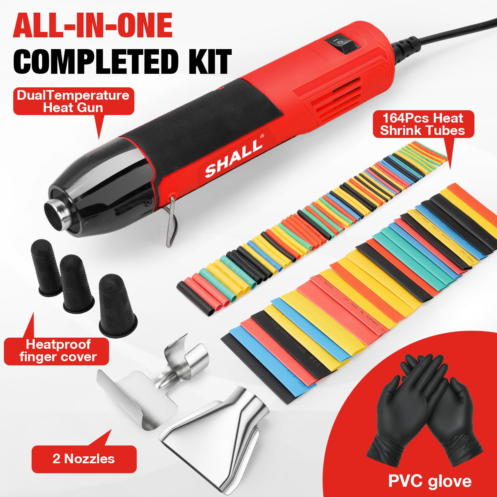 SHALL Mini pistolet thermique, pistolet à air chaud portable avec buse réflectrice et support pliable, 230 °C/400 °C, pour travaux manuels, film rétractable et séchage de l'encre