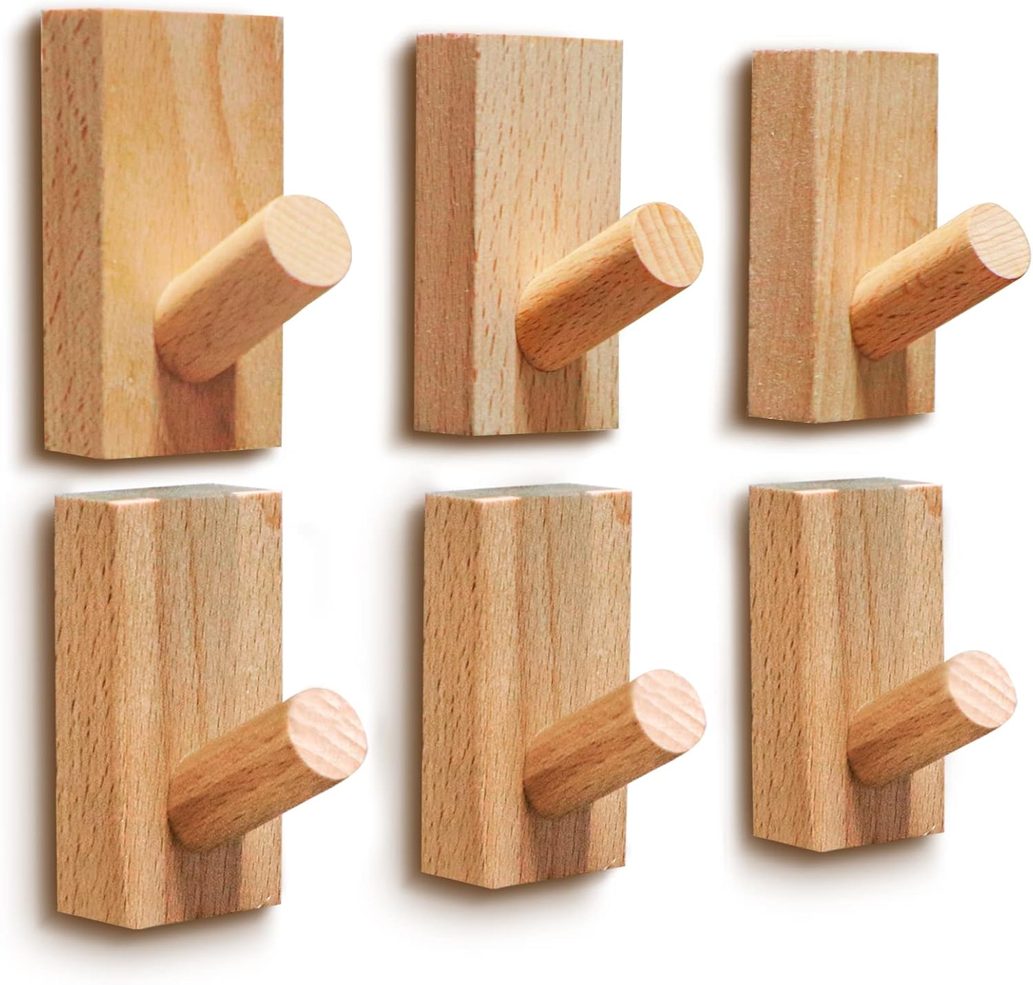 Wood Wall Hooks, 6 Pack Coat Hooks Wall Mounted, Hat Hooks