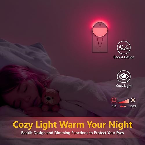 Miniatura 2 de Paquete de 2 luces nocturnas enchufables con sensor de movimiento y sensor de atardecer a amanecer, atenuación continua, luz nocturna LED roja con 3
