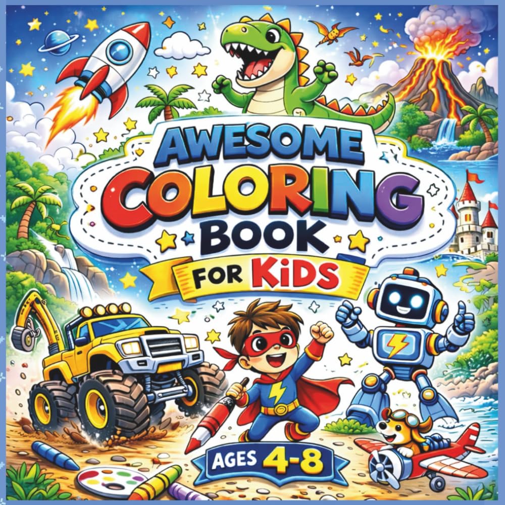 Awesome Coloring Book For Kids Ages 4-8: Big and Easy Designs for Boys Featuring Dinosaurs, Superheroes, Robots, Monster Trucks and More