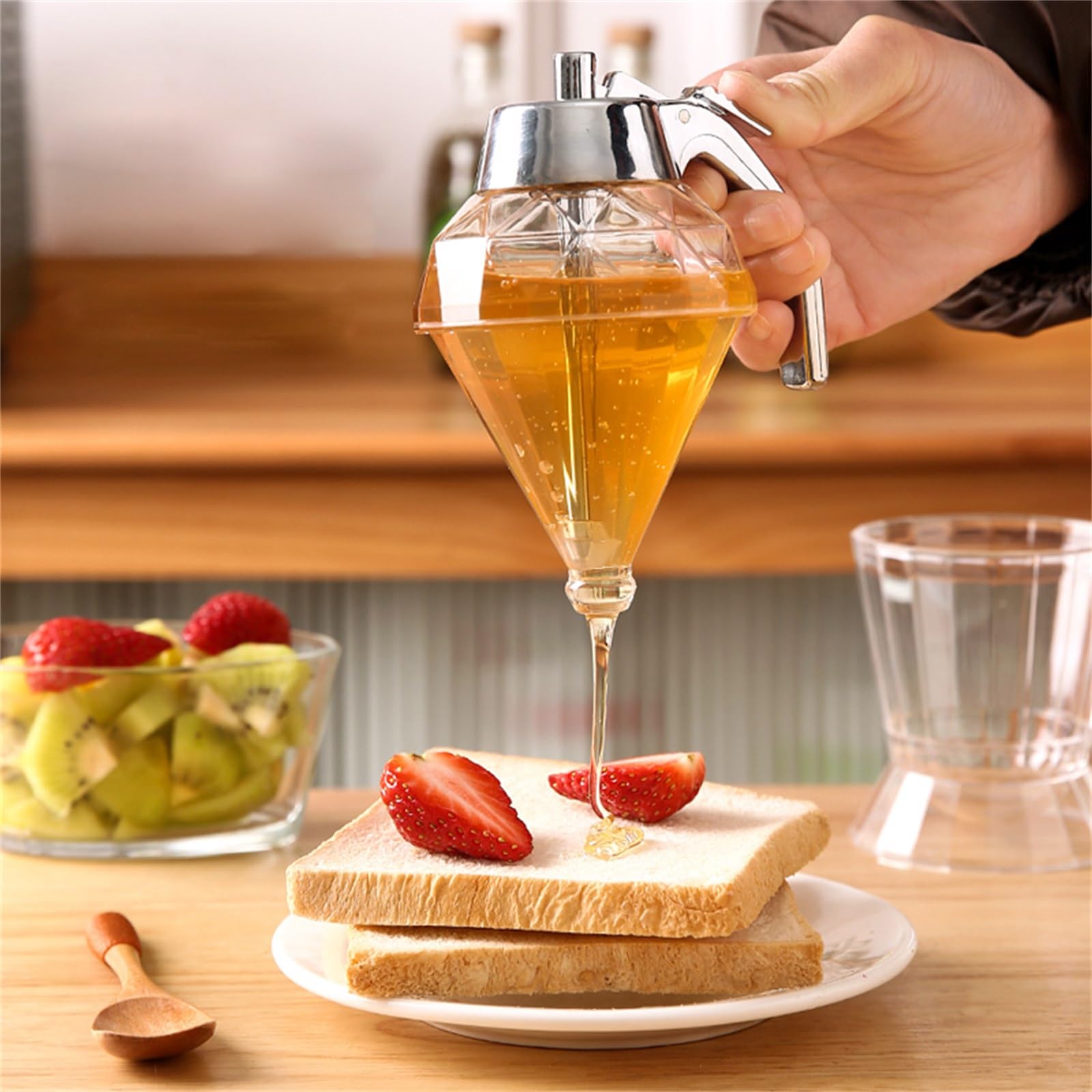 MIFXIN 2 Pack Honey Dispenser No Drip with Stand Honey Jars with Dipper 180ml Maple Syrup Dispenser Honey Containers Diamond-Shaped Honey Pot Sauce Bottles