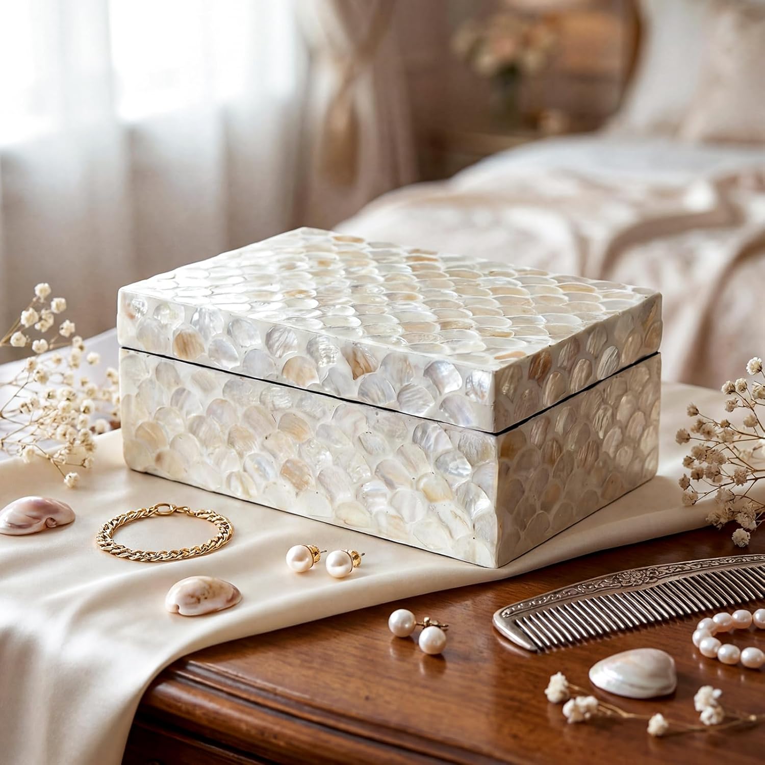 AceOrbit Mother of Pearl Shell Jewelry Box with Lids Handmade Keepsake Jewelry Chest Rectangular Wooden Nacre Storage Box for Earring Bangle Watch Keepsake Tea Bags