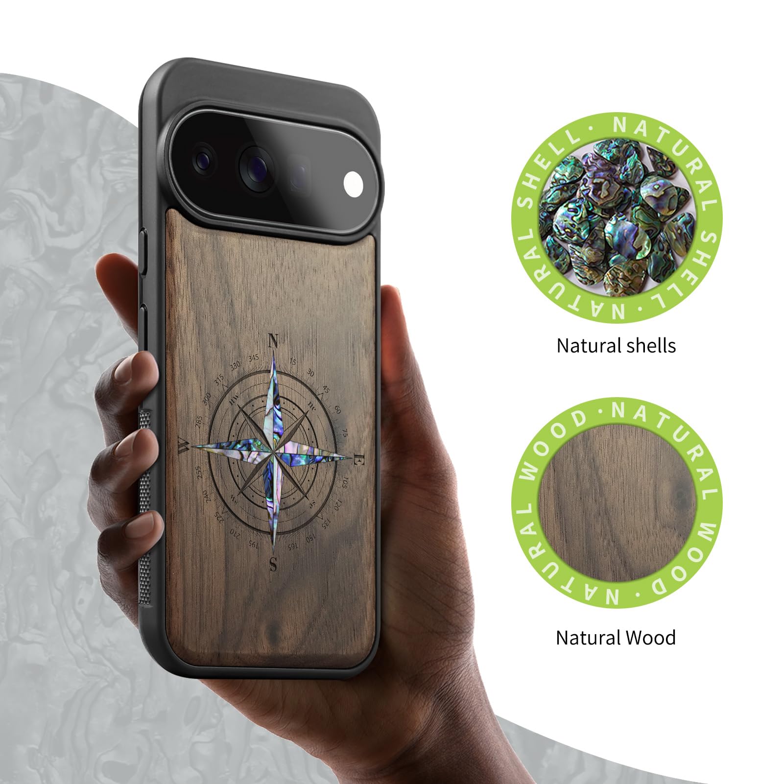 Carveit Madera Funda para Pixel 11 Pro XL (Nogal-Muschelkompass)