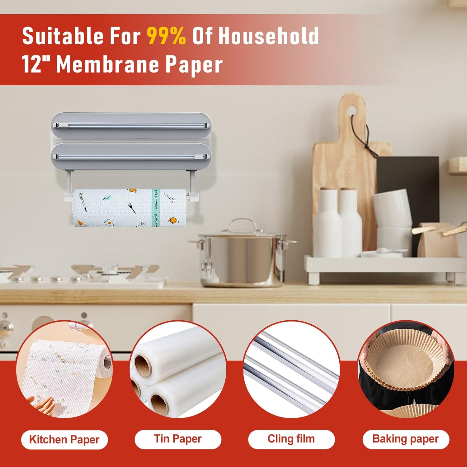 3in1 Wrap Organizer with Cutter - Includes 2 Rolls of Plastic Wrap & Aluminum Foil Dispenser, Magnetic Paper Towel Holder for Fridge - Foil & Plastic Wrap Storage Solution