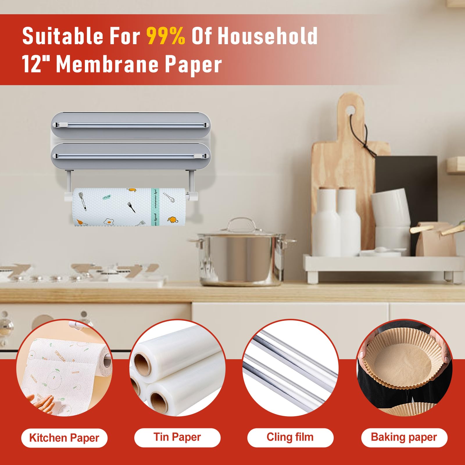 Organizador 3 en 1 con cortador, incluye 2 rollos de papel de plástico y dispensador de papel de aluminio, soporte magnético para toallas de papel para nevera, solución de almacenamiento de papel de