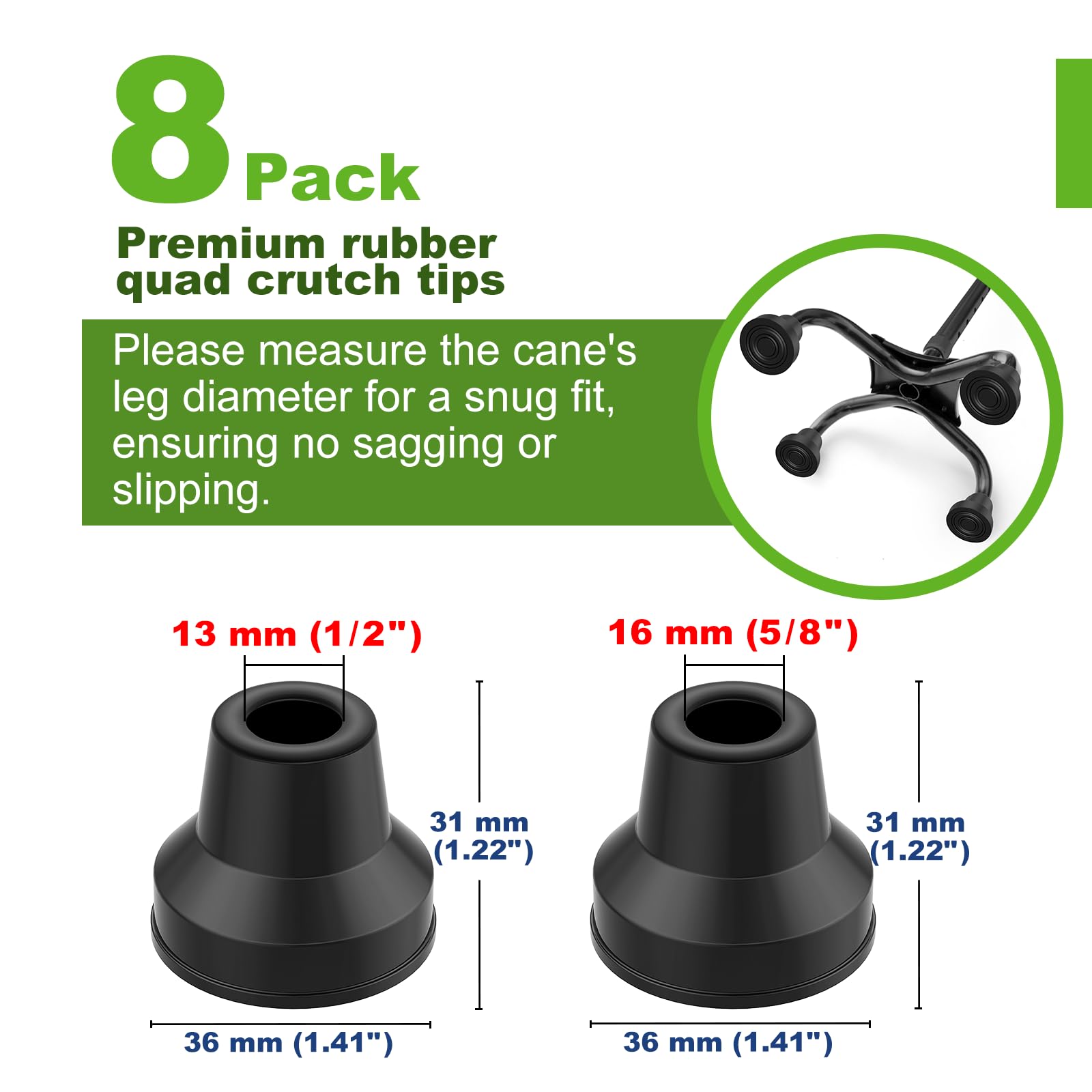 MFE Puntas de bastón de goma antideslizante de repuesto para bastón de pie y pie de 1/2 pulgada de diámetro, 8 unidades, 13 mm, color negro