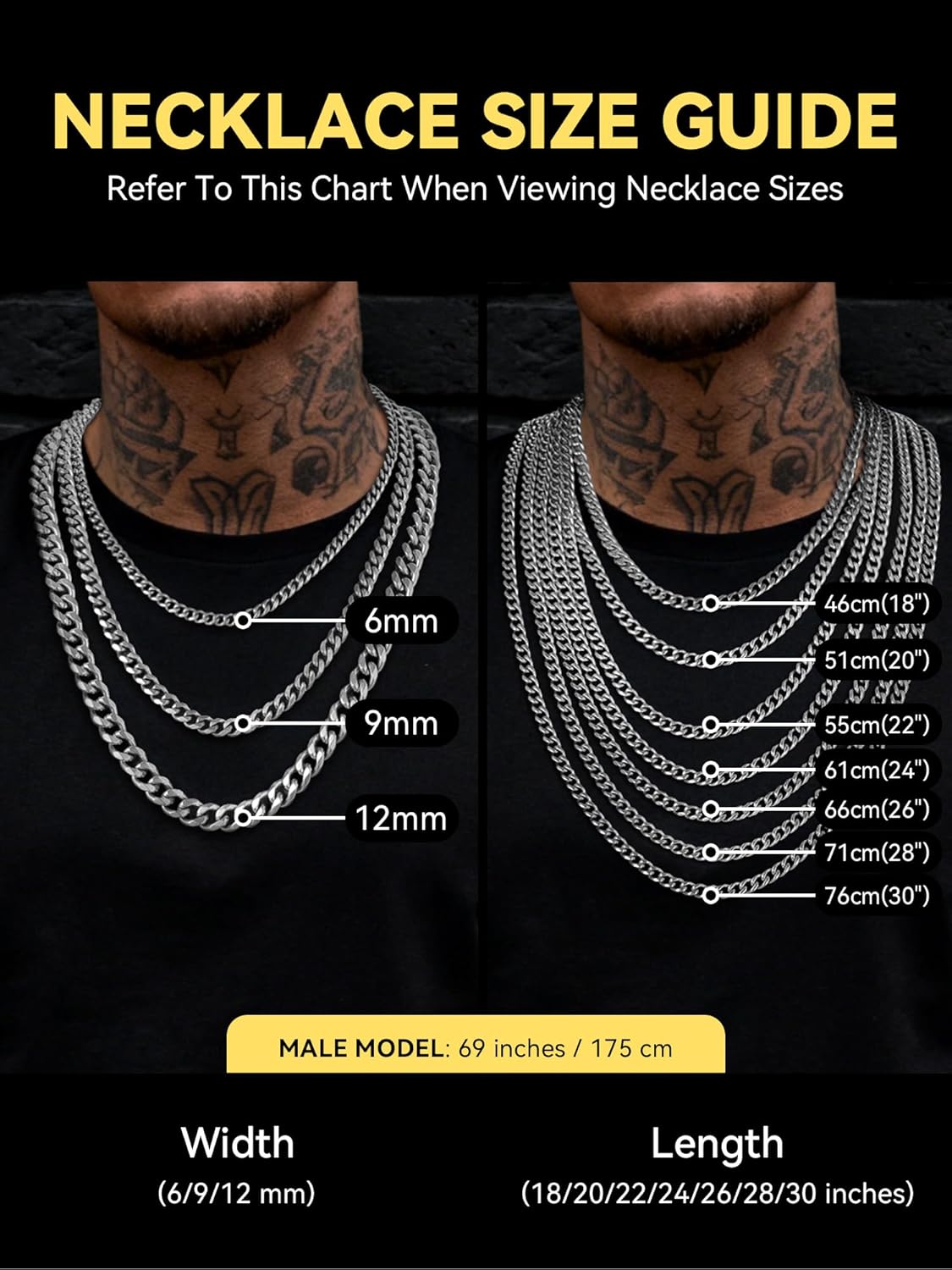 ChainsHouse Cuban Chain Necklace for Men, Stainless Steel/Black/Gold Plated Miami Cuban Necklace 6/9/12MM Width 18"-30" Length Hip Hop Jewelry, Send Gift Box - Image 6