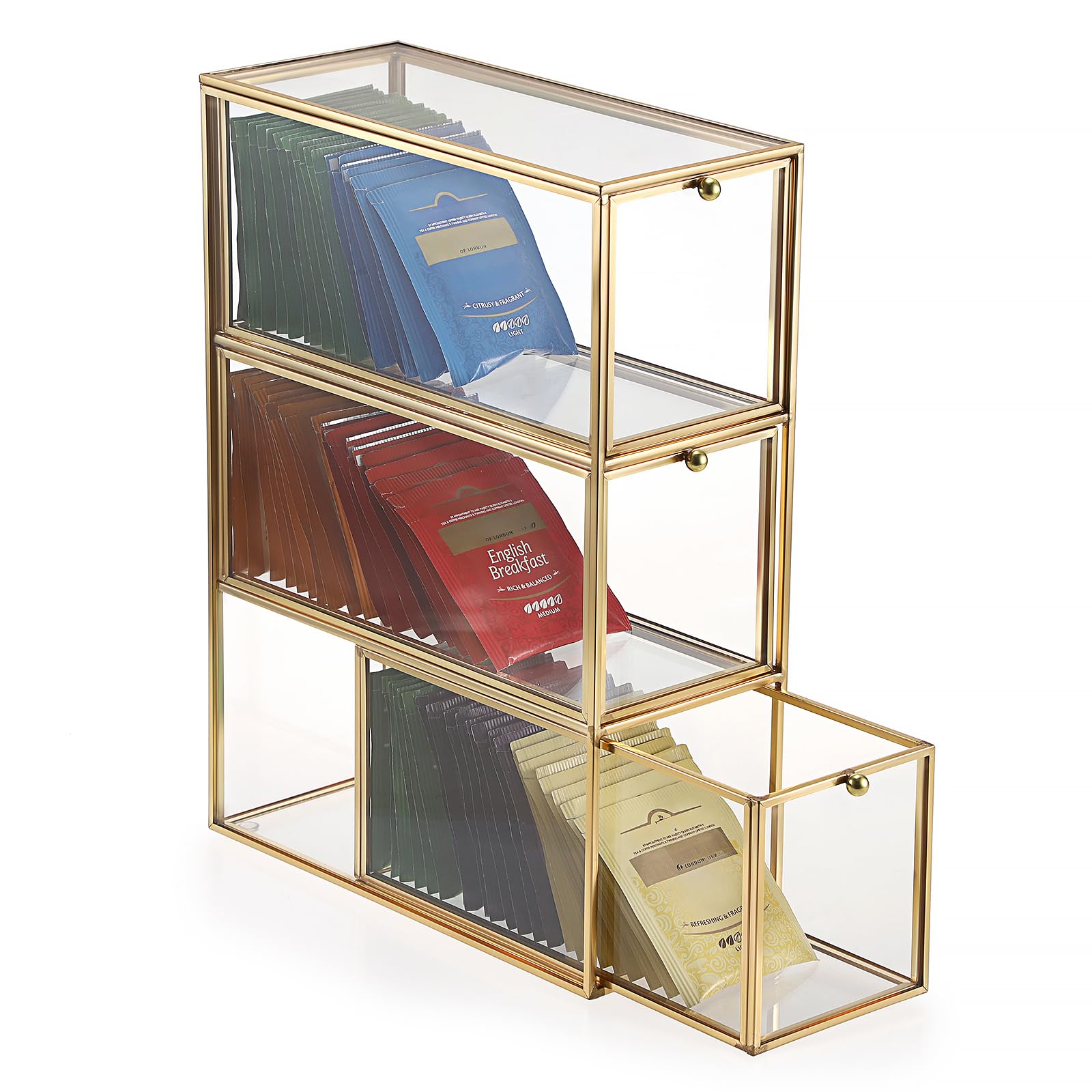 SUMTree Organisateur de sachets de thé en verre avec 3 tiroirs dorés - Boîte de rangement polyvalente vintage pour cuisine, bureau, thé, expresso, sucre, capsules de café