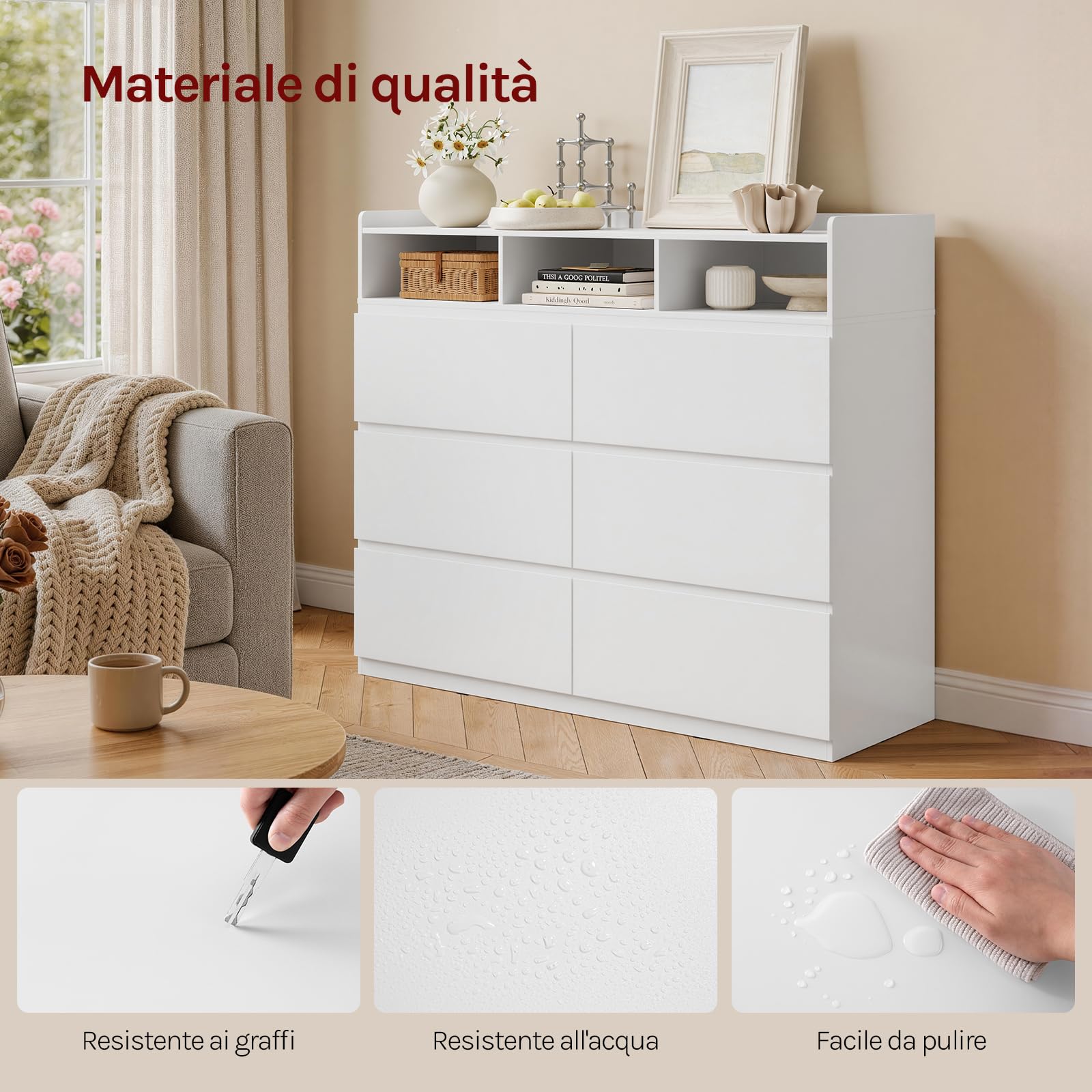 WOLTU Cassettiera con 6 Cassetti, Mobiletto Salvaspazio | con 3 Scomparti Aperti e 1 Piano a Bordi Rialzati, 120x40x100 cm, in Legno, per Camera da Letto, Soggiorno, Ingresso, Bianco