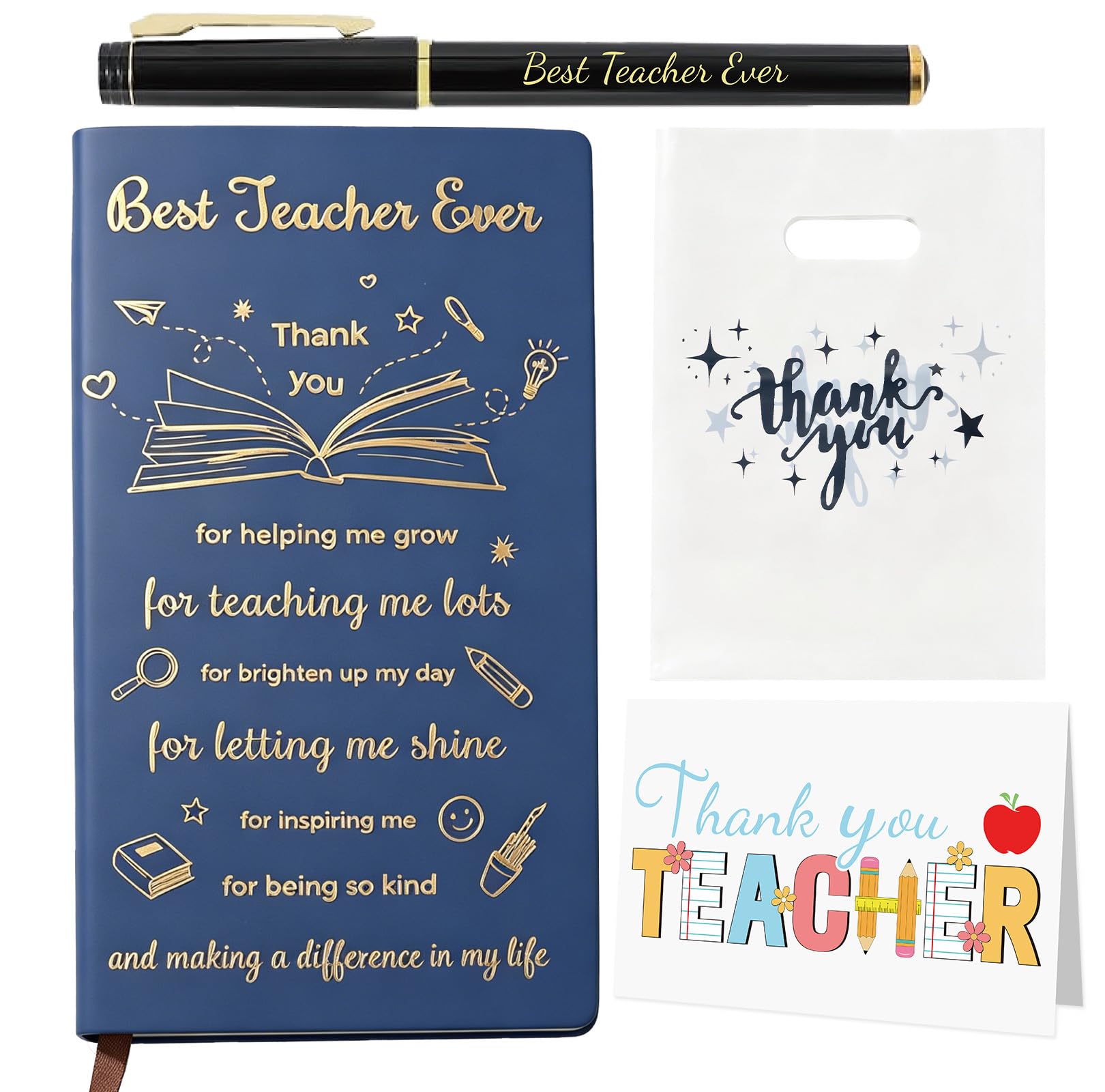 Moiuguli Thank You Teacher Gifts, Gifts for Teachers to Say Thank You Kit including Thank You Tea-cher Cards, Tea-cher Pens, Tea cher Notebook and Gift Bag, Personalised Teachers gift for Graduation