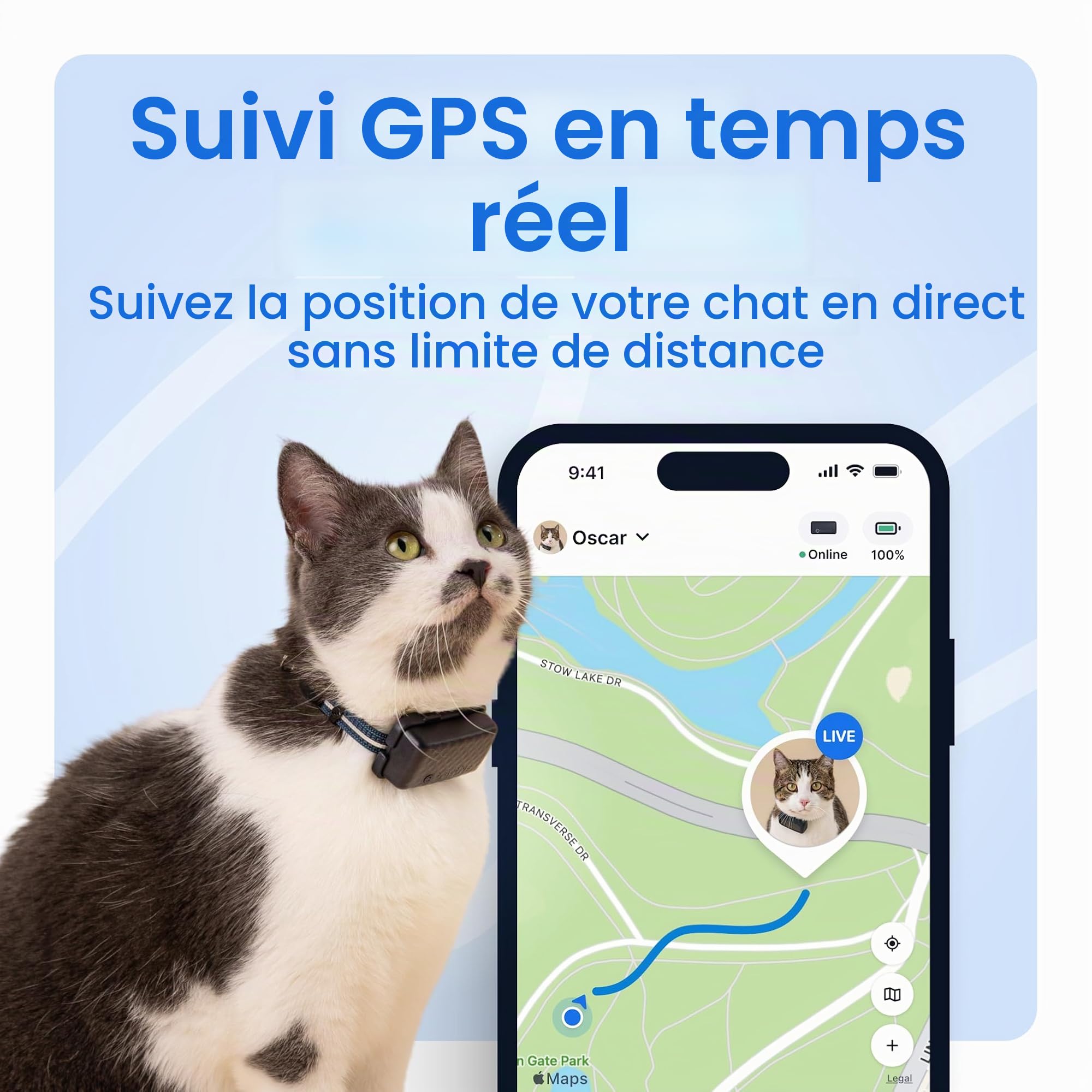 Tractive Traceur GPS Smart Cat avec abonnement Gratuit de 6 Mois | Localisation en Temps réel et Surveillance du Bien-être pour Chats de 2,9 kg + | Historique du Territoire et des emplacements |