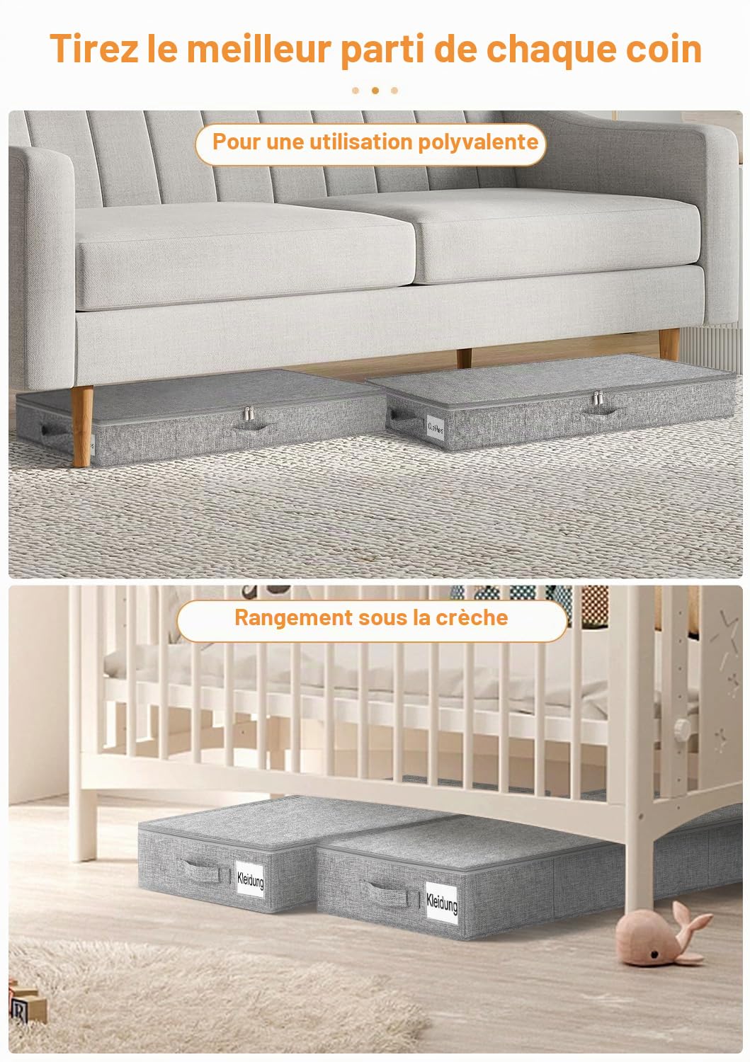 Lot de 2 boîtes de rangement avec couvercle - 40 l - Hauteur : 12 cm | Poignées renforcées, double fermeture éclair, pliable, pour vêtements, literie et couvertures, sous les lits bas et les