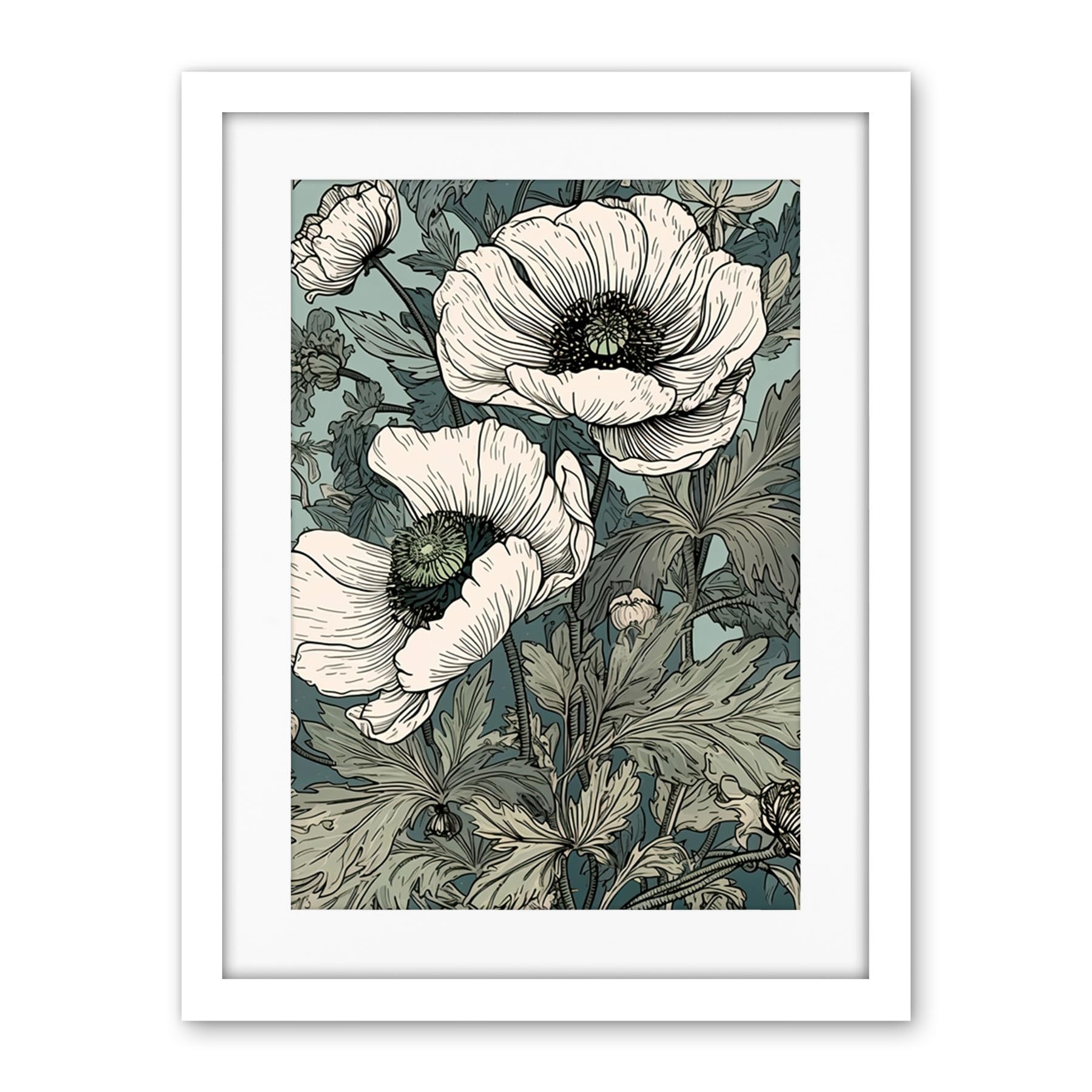Artery8 Pastel Colour White Anemone Flower Bloom Field Artwork Framed Wall Art Print 18X24 Inch
