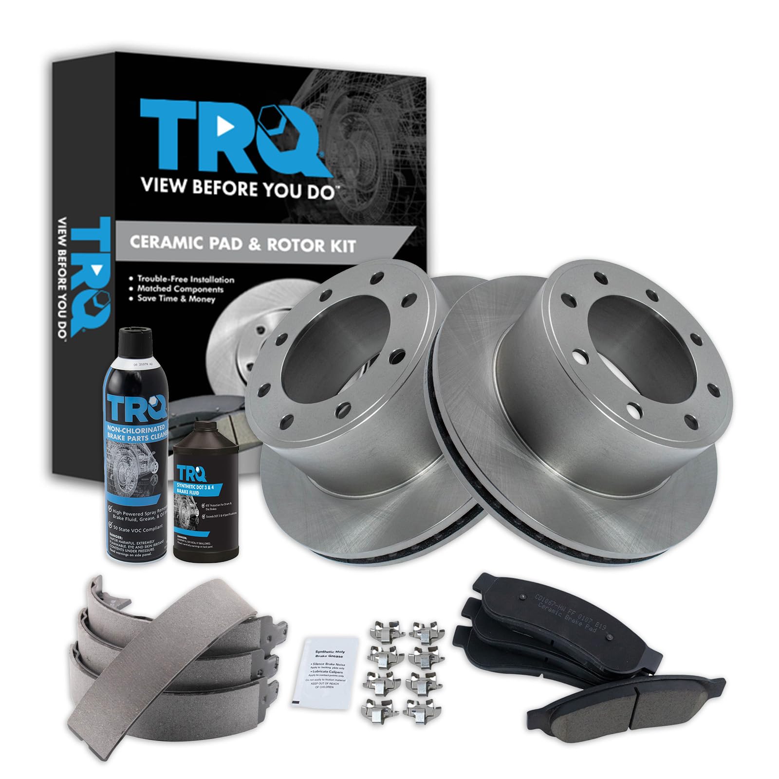 TRQ Rear Brake Pad &amp; Rotor Kit, with Chemical Kit Parking Brake Shoe Set Ceramic Compatible with 2008-2010 Ford F-250 Super Duty 2005-2012 F-350 Super Duty