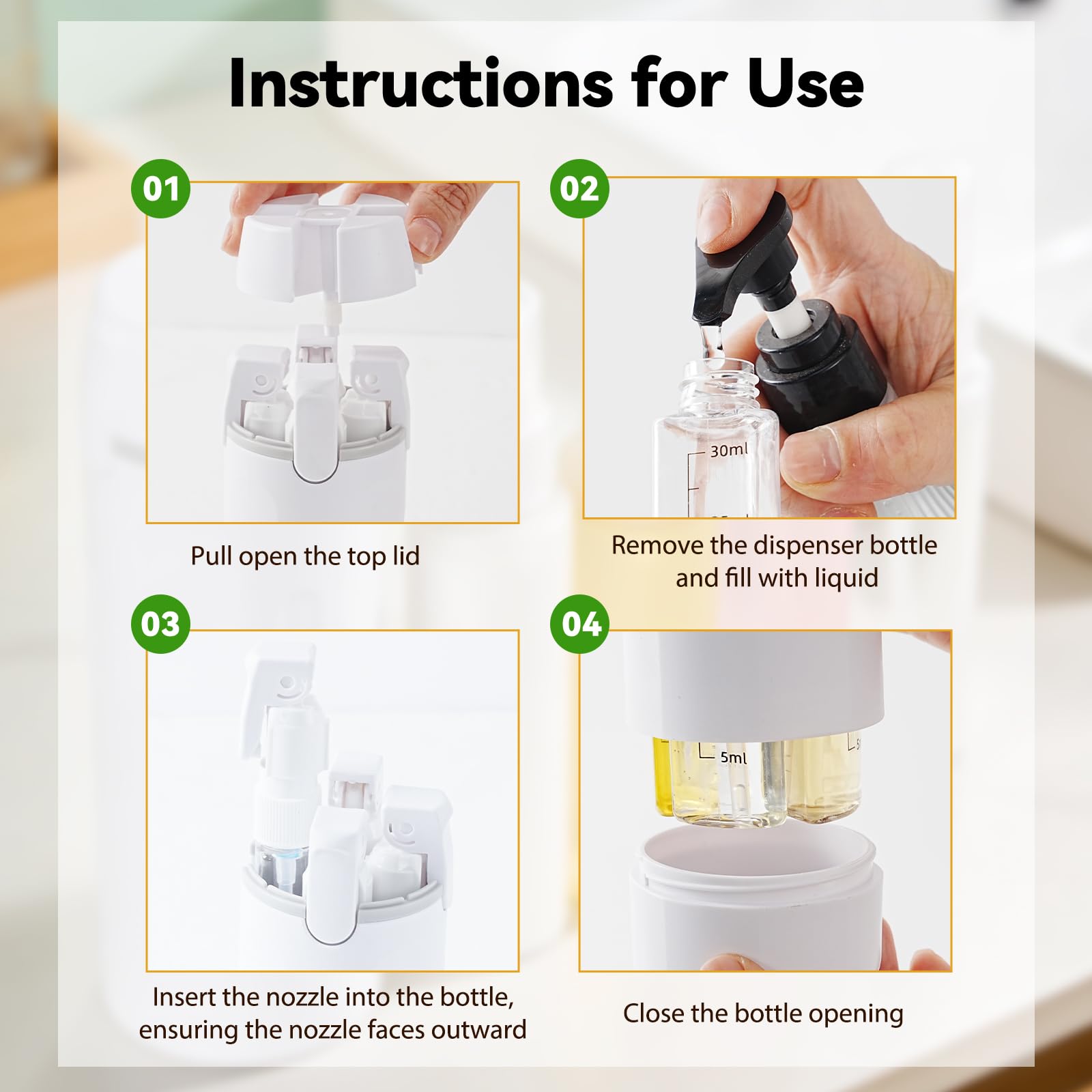 4 in 1 Travel Dispenser,Travel Shampoo and Conditioner Bottles,Refillable Leak Proof Containers Toiletries for Vacation and Business Travel120ML White - 3