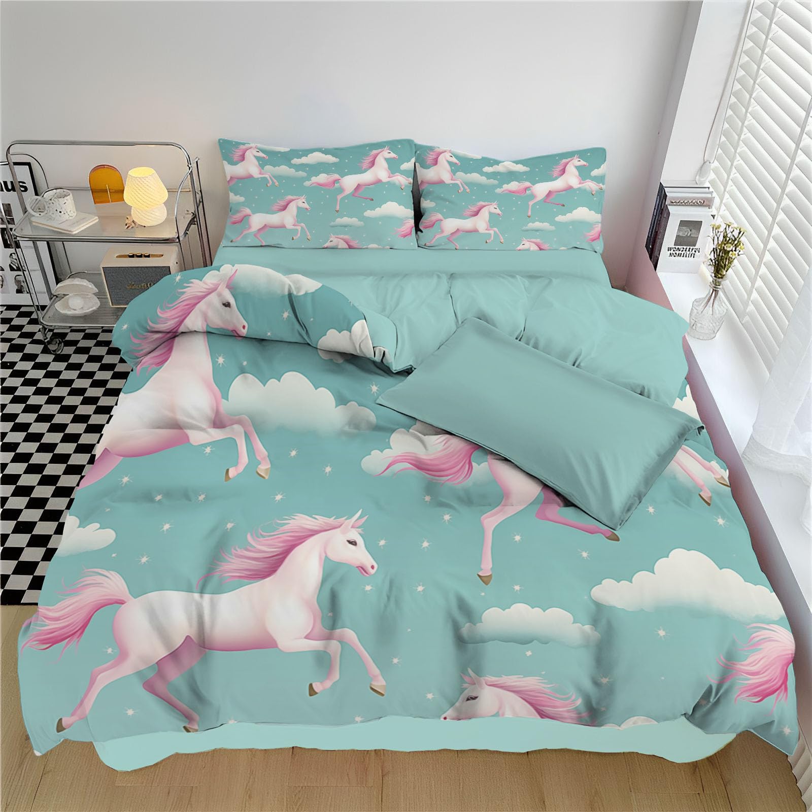 Parure de lit 140x200 turquoise housse de couette 3 pièces chevaux dessins animés