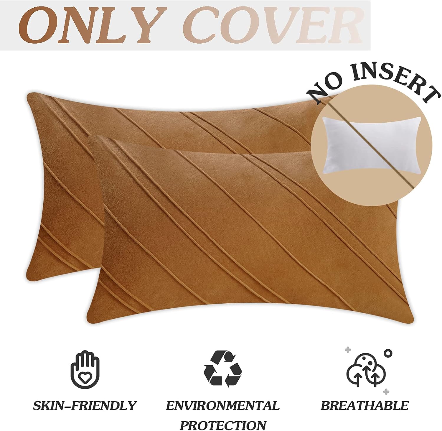 NEERYO Pack of 2 Boho Stripe Decorative Throw Pillow Covers Suede Rectangle Cozy Solid Accent Cushion Case for Home Sofa Bedroom Living Room Couch 12 x 20 Inches Caramel