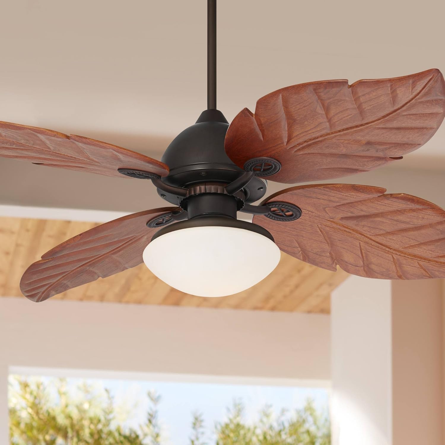 Casa Vieja 60" Casa Oak Creek Tropical Outdoor Ceiling Fan with LED Light Oil Rubbed Bronze Walnut Solid Wood Blades White Glass Bowl Damp Rated for Cottage Core Patio Exterior House Porch Barn