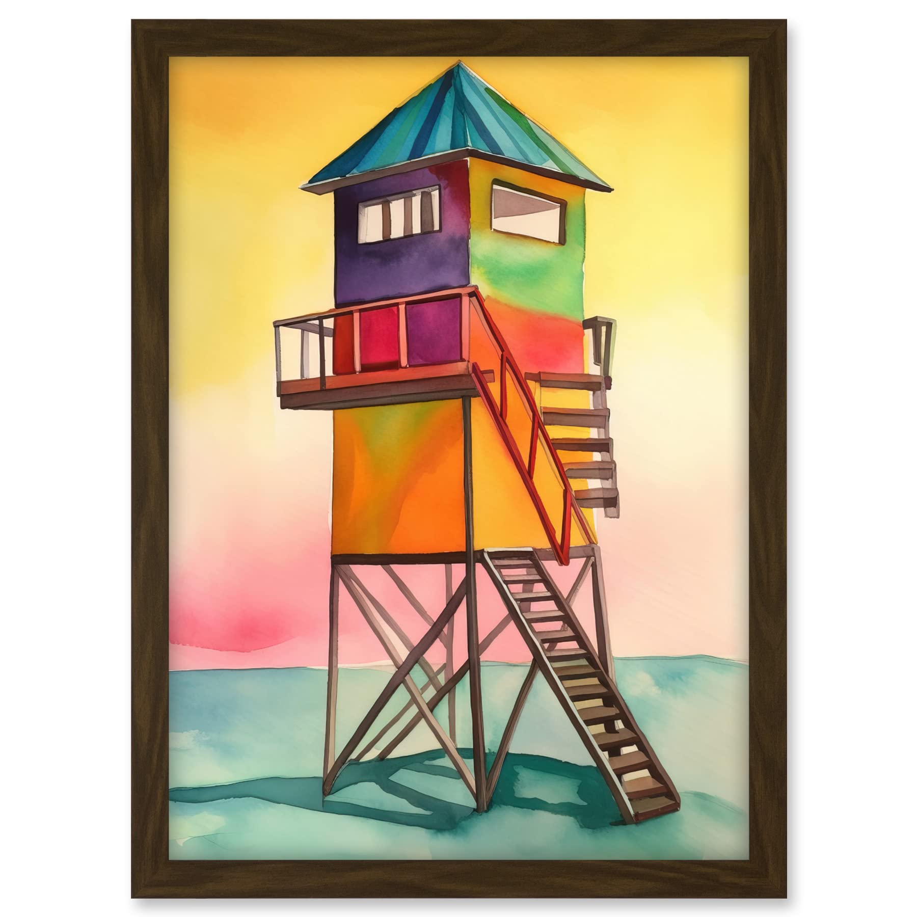 Artery8 Rainbow Lifeguard Tower Folk Art Watercolour Painting Artwork Framed A3 Wall Art Print