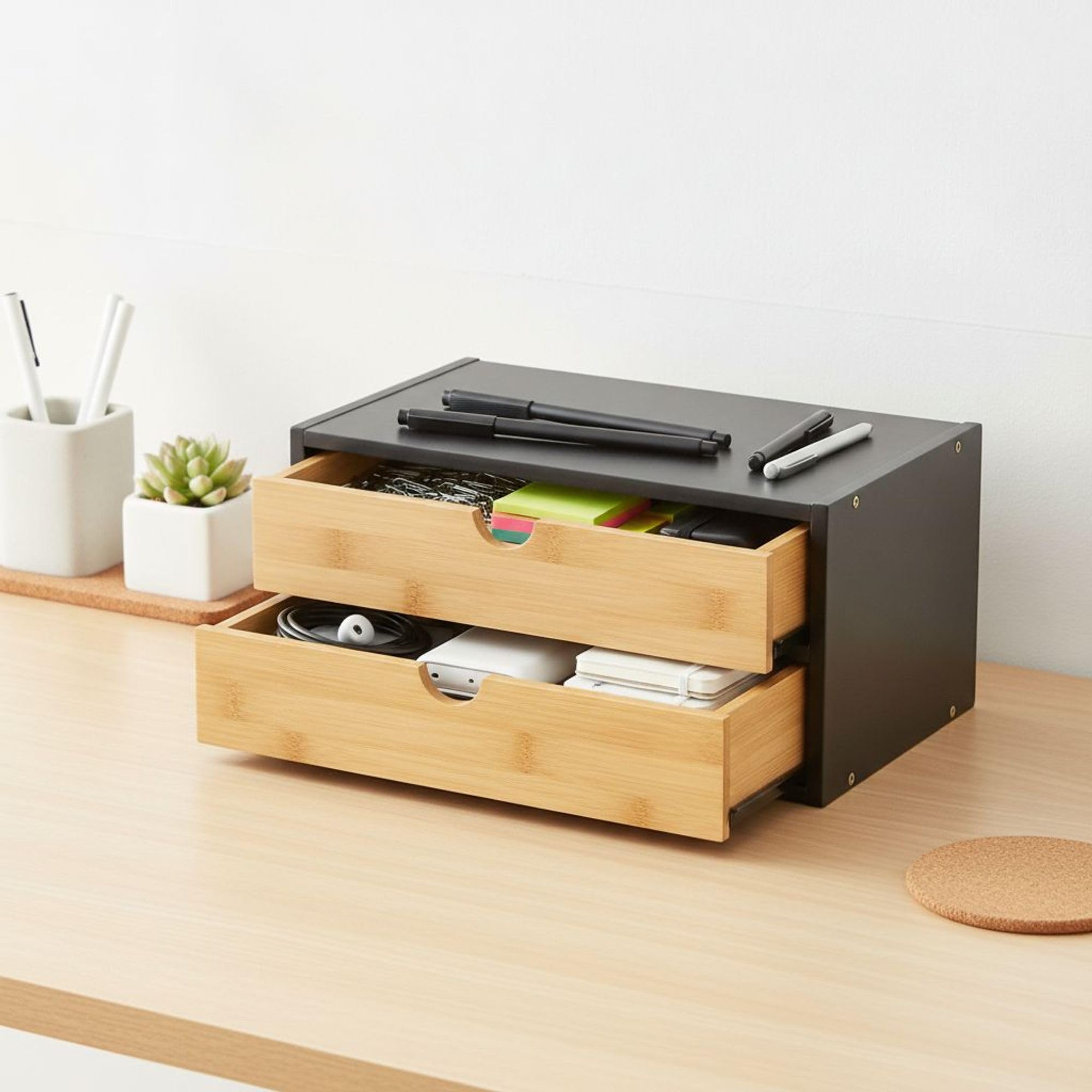 CONFORTIME | Cajonera de Escritorio 2 Cajones de Bambú Negra 30,8x19,7x15,1 cm, Organizador de Cajones y Maquillaje para Oficina, Cajonera de Baño Estrecha, Mueble Auxiliar de Almacenaje