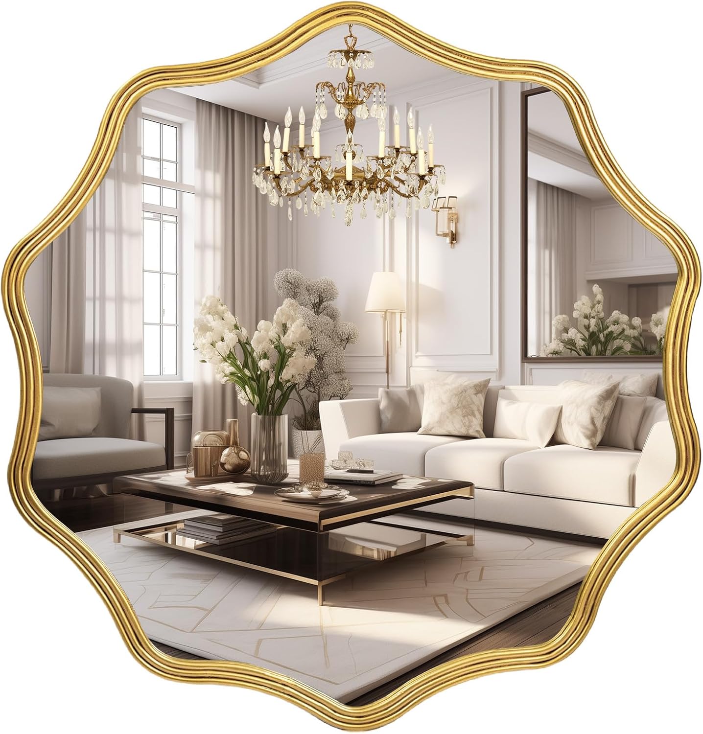 28"x28" Gold Round Wall Mirror, Large Irregular Wavy Mirror Modern Decorative Hanging Mirror for Living Room Bathroom Bedroom Entryway Round 28x28 Gold