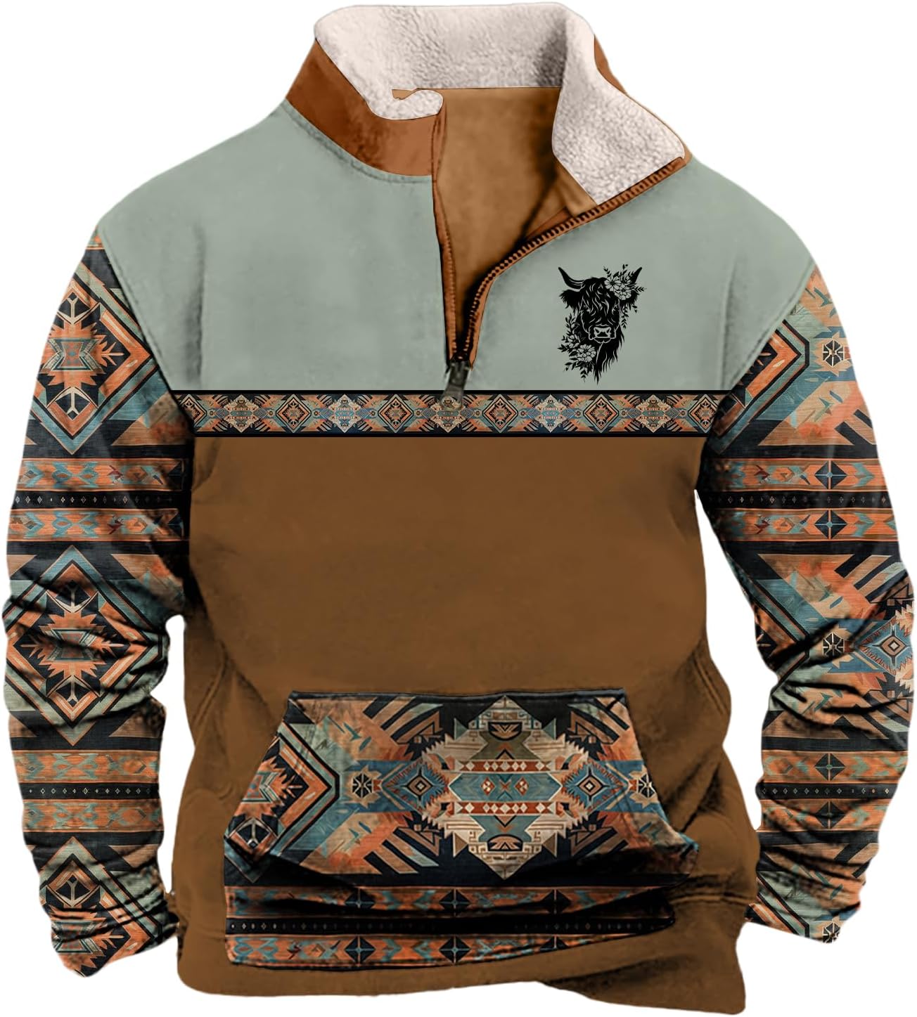 Mens Quarter Zip Pullover Aztec Cowboy Long Sleeve Graphic Sweatshirts Tops Casual Ethnic Clothes