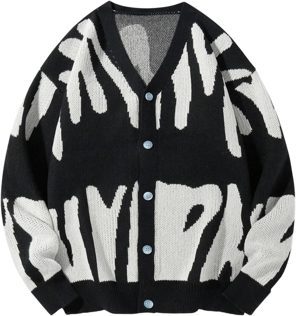 SweatyRocks Men's Y2K Long Sleeve Cardigan Sweater V Ncek Button Down Oversized Sweaters Unisex Casual Knitted Outerwear
