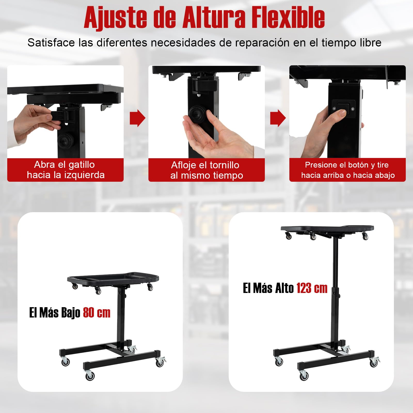 COSTWAY 2 en 1 Bandeja de Herramientas Rodante, Mesa de Trabajo Ajustable con Bandeja Desmontable, Carrito Portátil Mecánico con 4 Ruedas para Garaje, Taller de Reparación, Carga Máxima de 60 kg